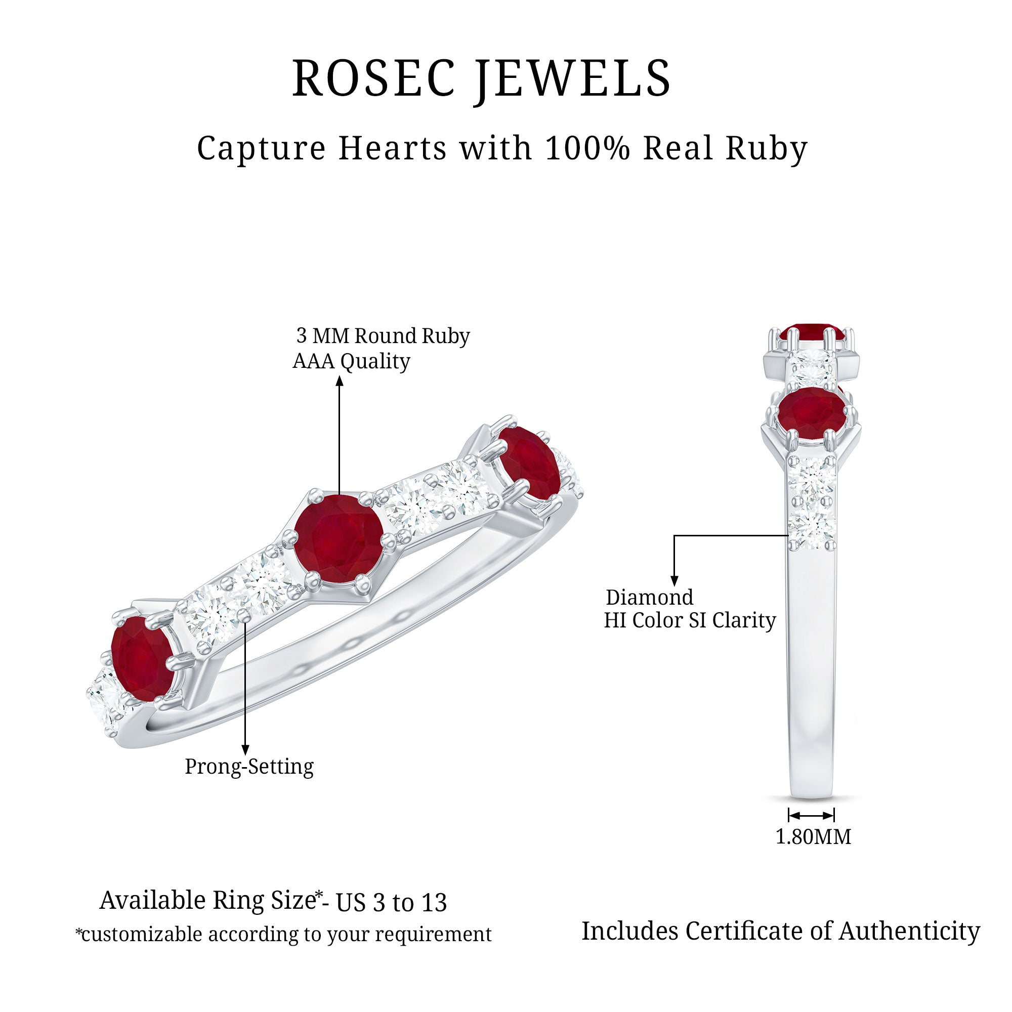 Natural Ruby Diamond Half Eternity Ring for Women AAA - Rosec Jewels