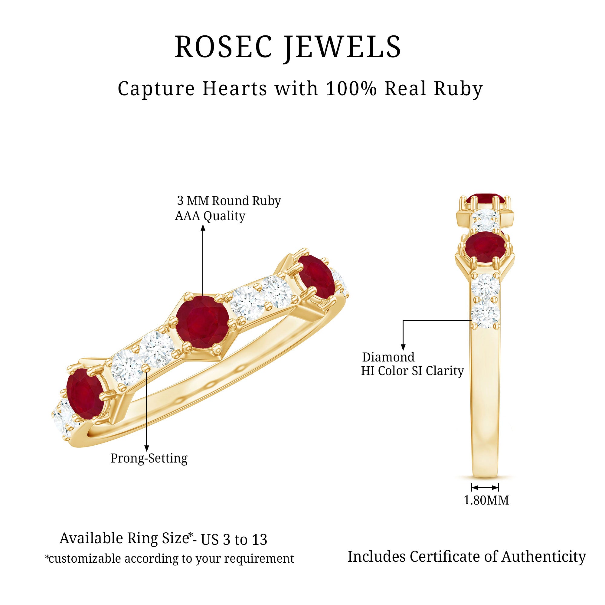 Natural Ruby Diamond Half Eternity Ring for Women AAA - Rosec Jewels
