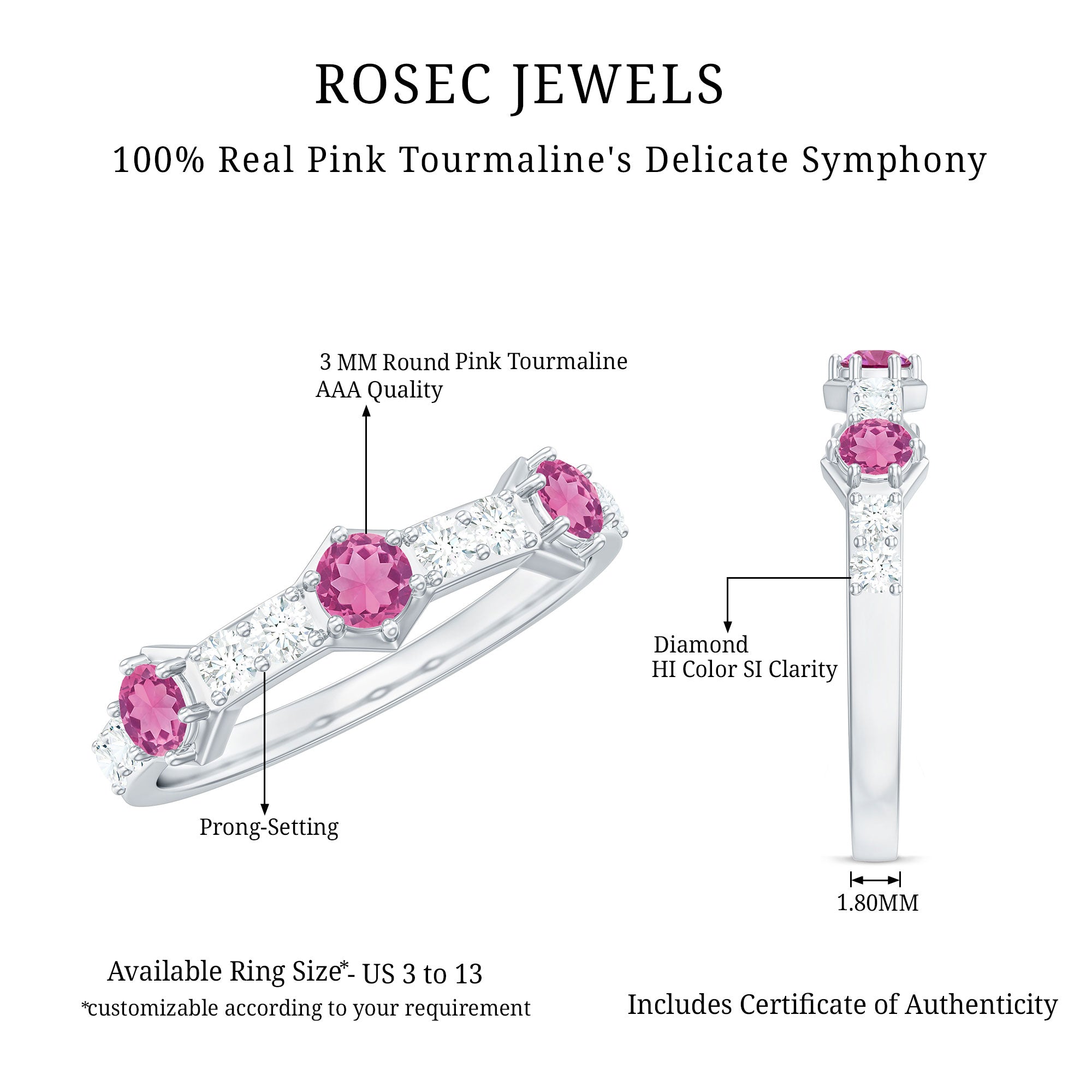 Minimal Half Eternity Ring with Pink Tourmaline and Diamond AAA - Rosec Jewels