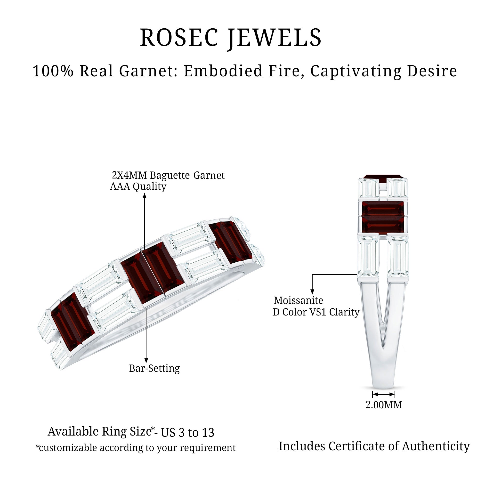Certified Real Baguette Garnet Half Eternity Wedding Band AAA - Rosec Jewels