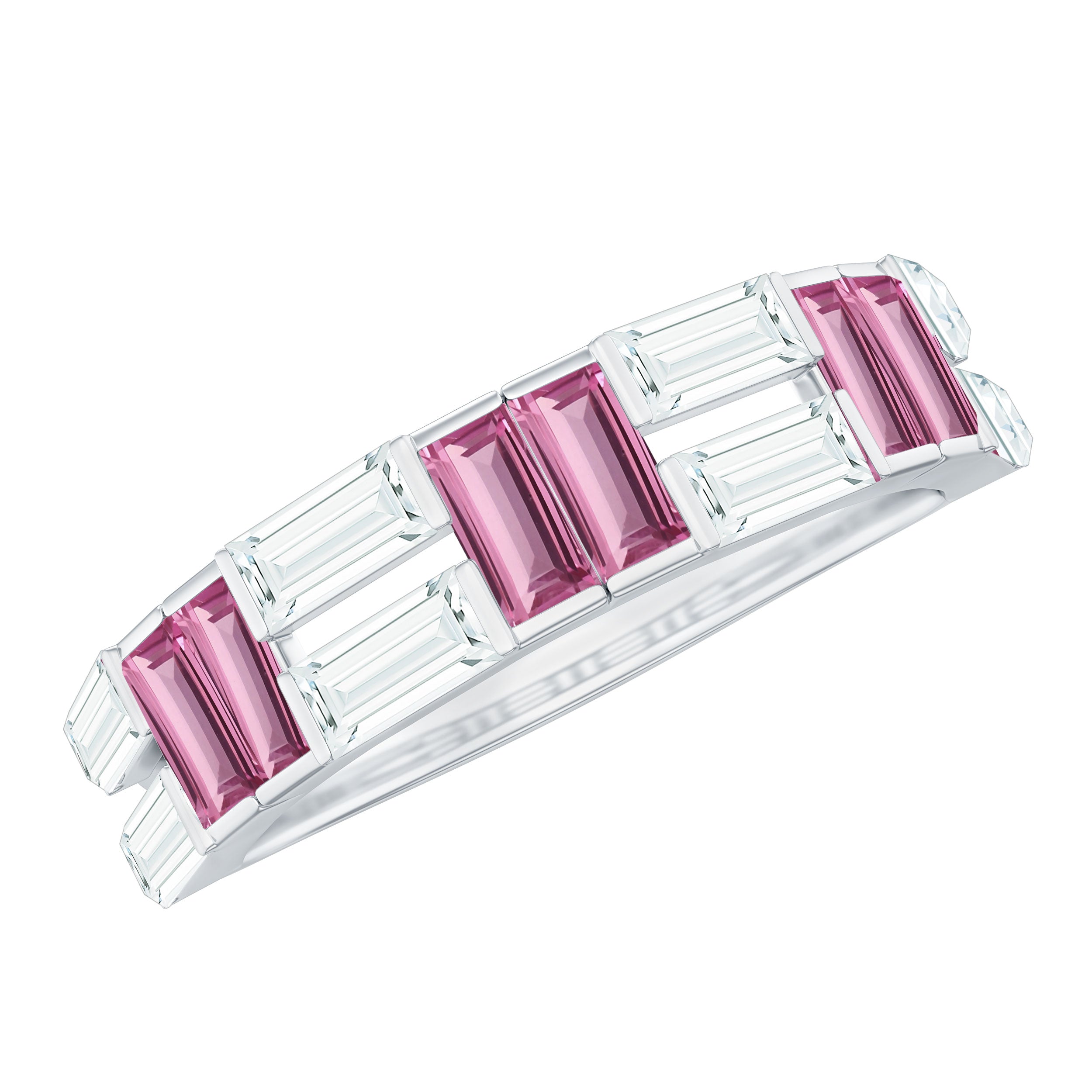 Baguette Shape Pink Tourmaline and Moissanite Half Eternity Ring AAA - Rosec Jewels