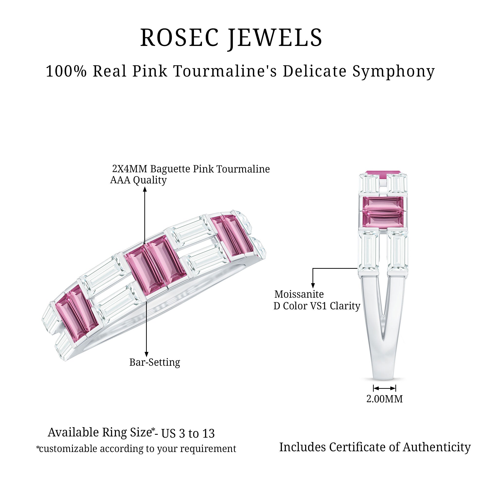 Baguette Shape Pink Tourmaline and Moissanite Half Eternity Ring AAA - Rosec Jewels