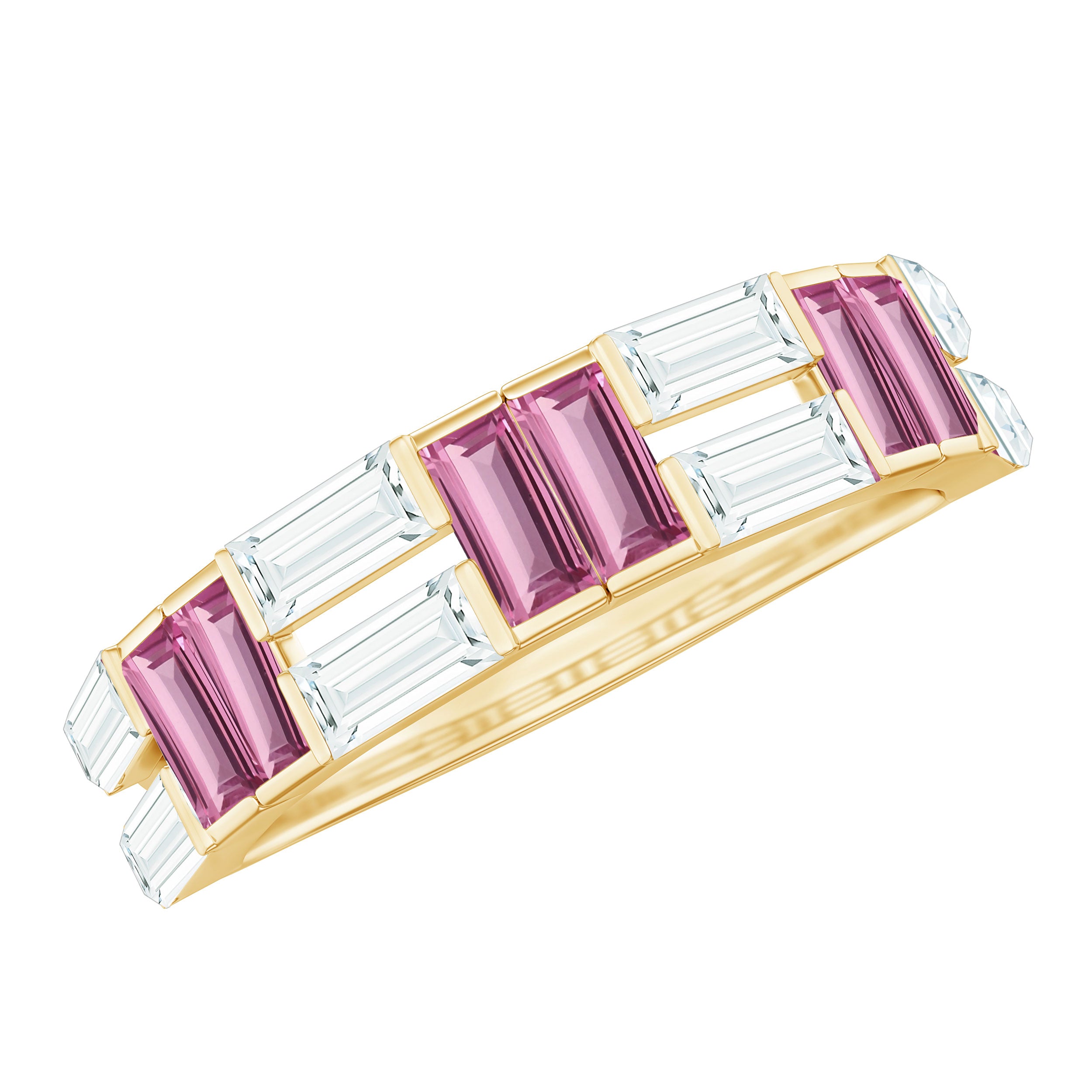 Baguette Shape Pink Tourmaline and Moissanite Half Eternity Ring AAA - Rosec Jewels