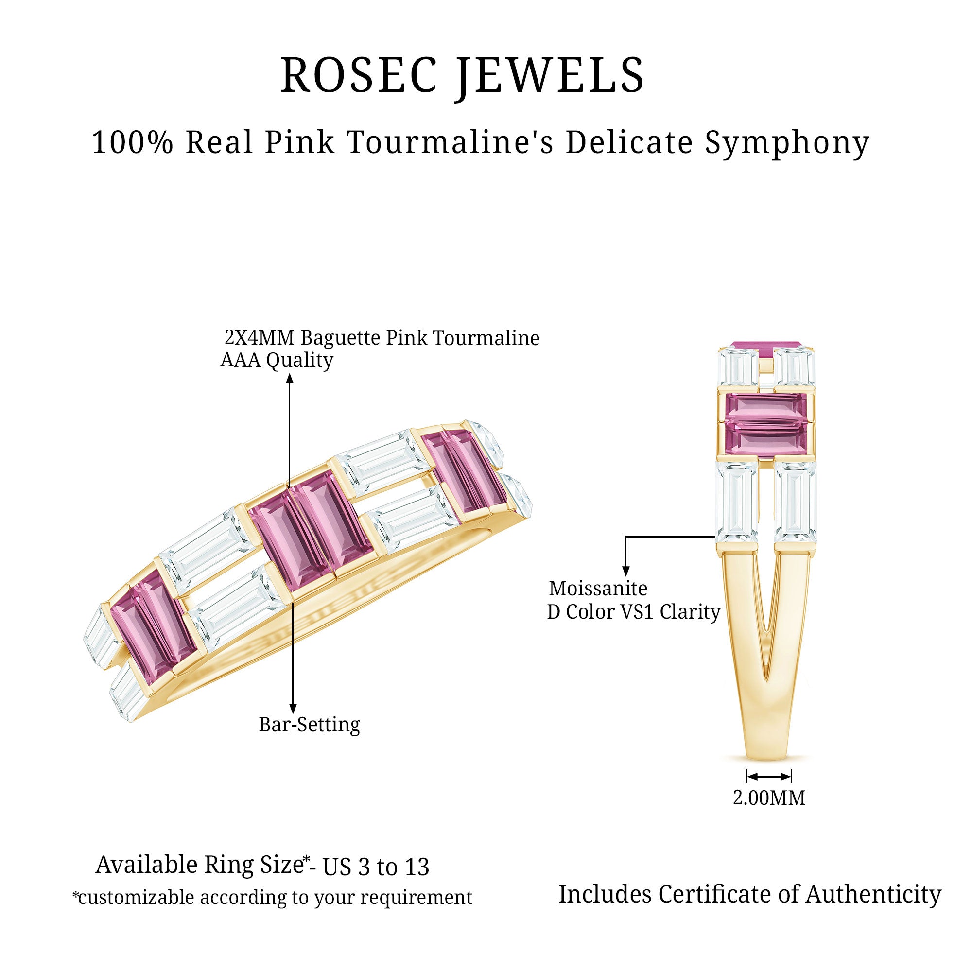 Baguette Shape Pink Tourmaline and Moissanite Half Eternity Ring AAA - Rosec Jewels