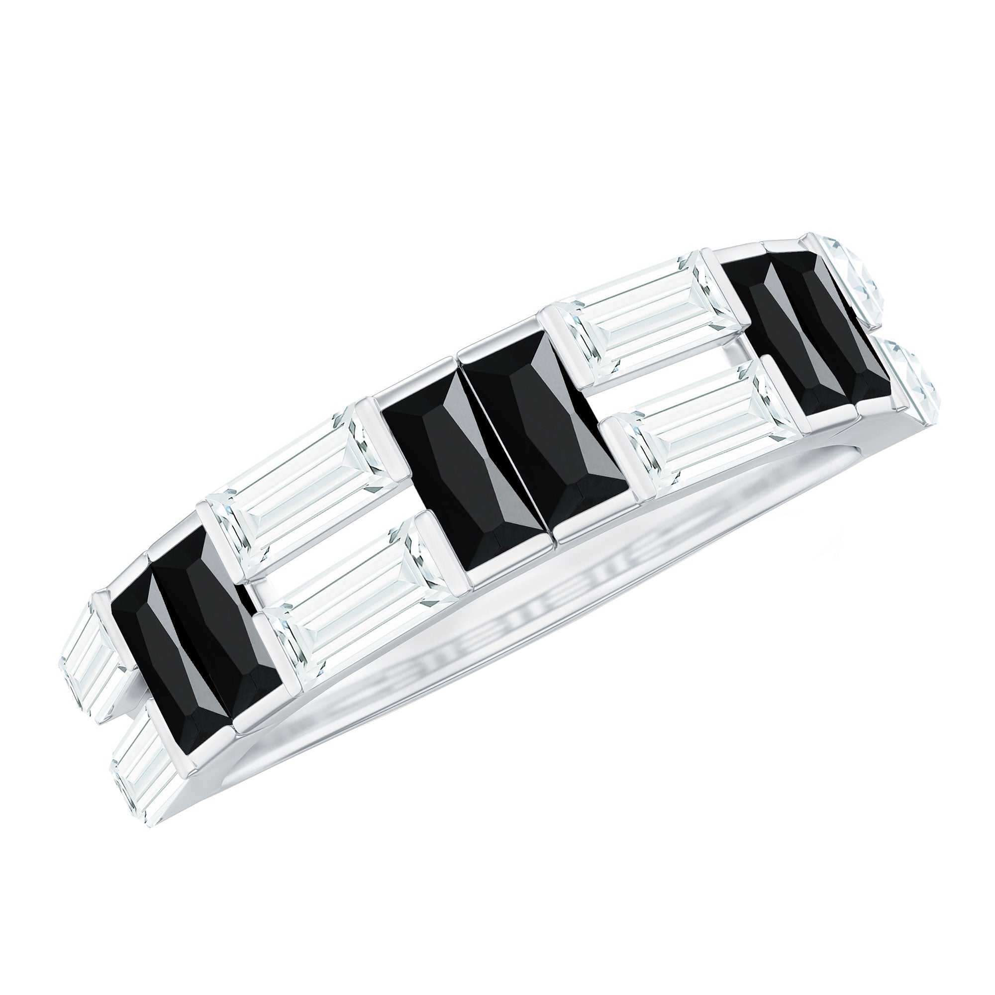 Baguette Cut Black Spinel and Moissanite Half Eternity Ring