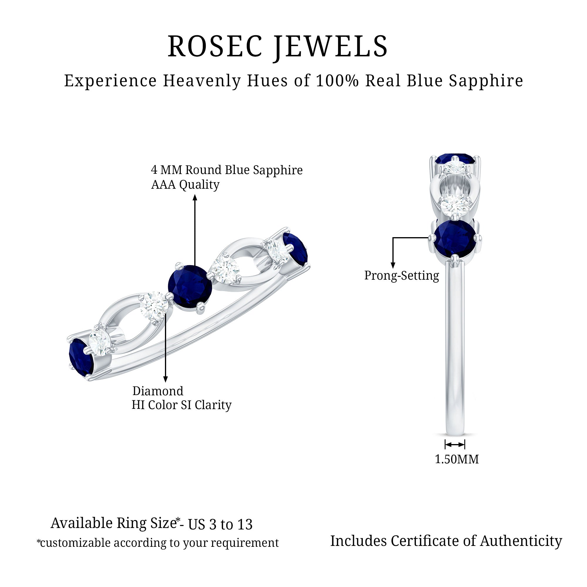 Natural Blue Sapphire Promise Ring with Diamond AAA - Rosec Jewels