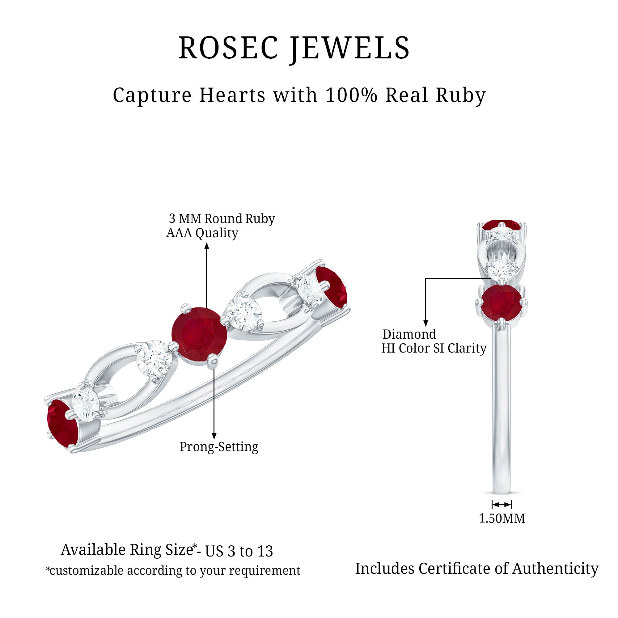 Genuine Ruby Promise Ring with Diamond for Women AAA - Rosec Jewels