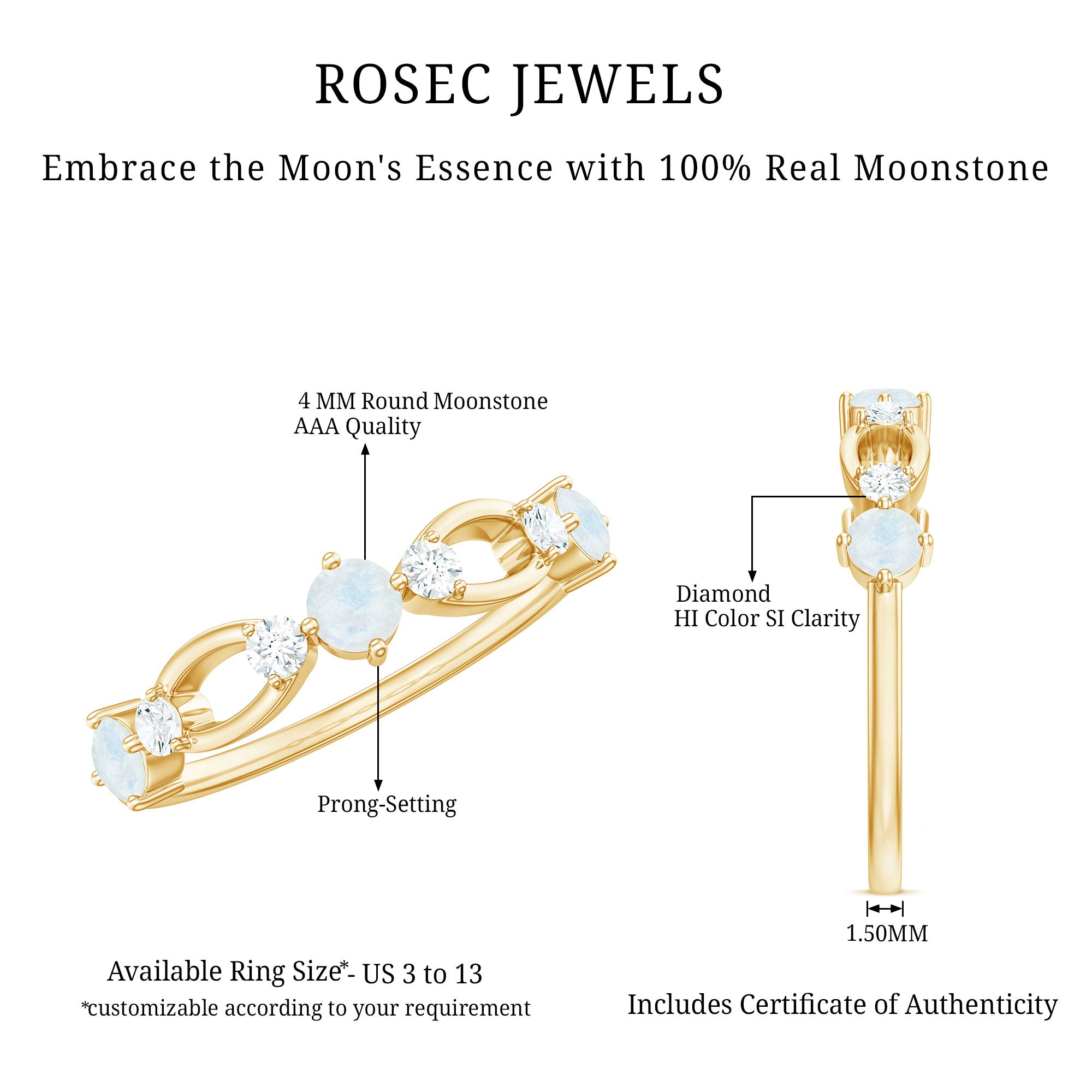 Minimal Promise Ring with Moonstone and Diamond AAA - Rosec Jewels