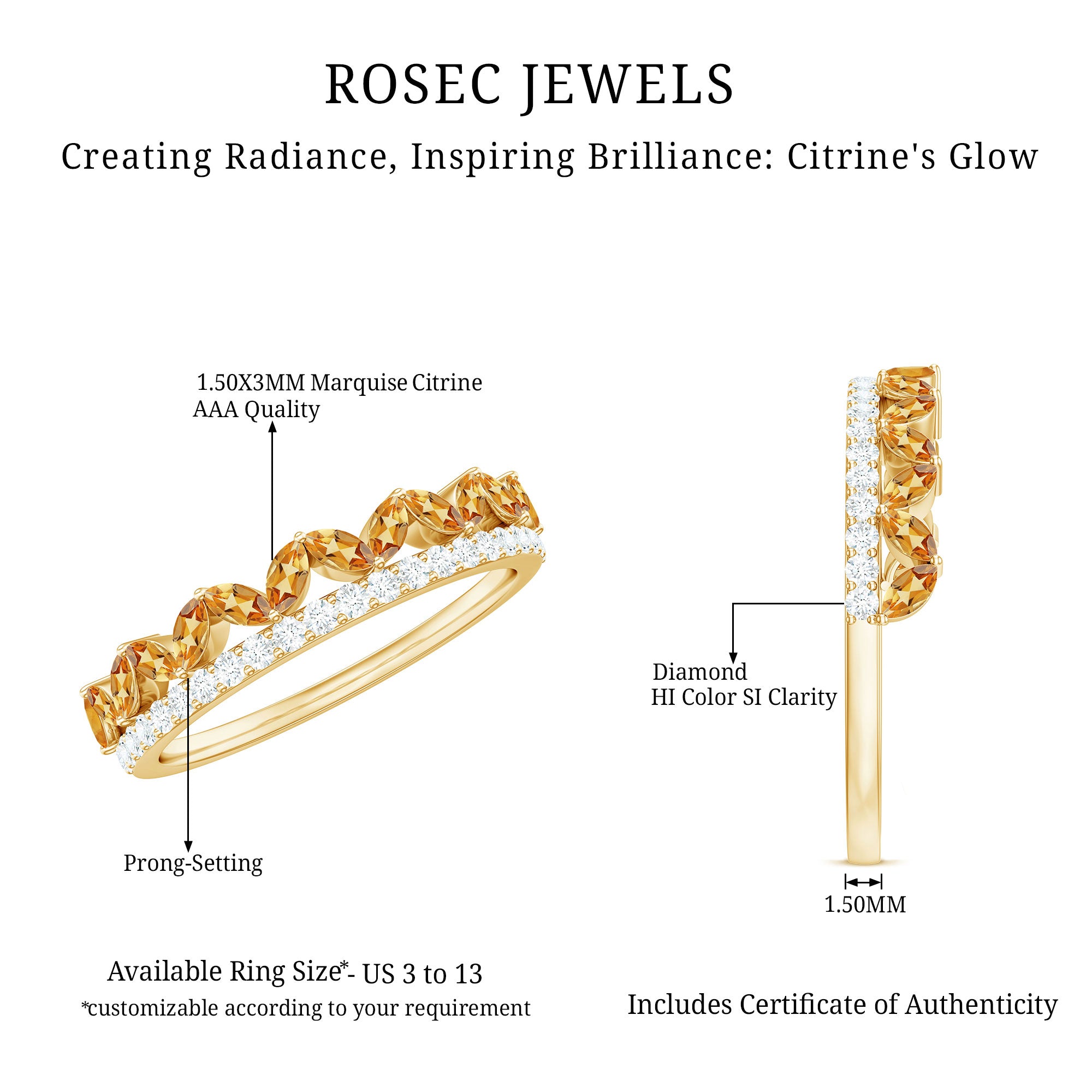 Certified Real Citrine Half Eternity Ring with Diamond AAA - Rosec Jewels