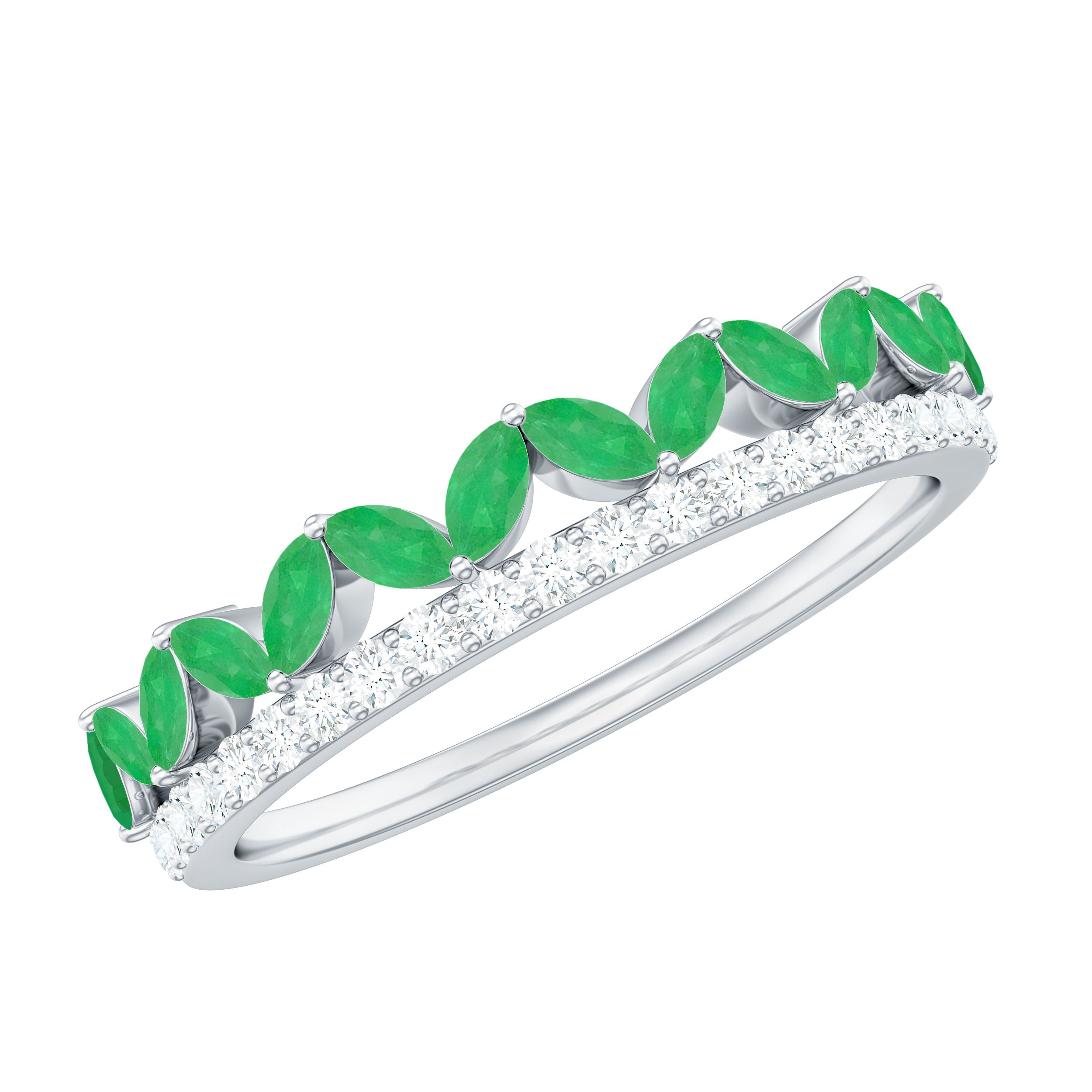 Real Marquise Emerald Half Eternity Wedding Band with Diamond