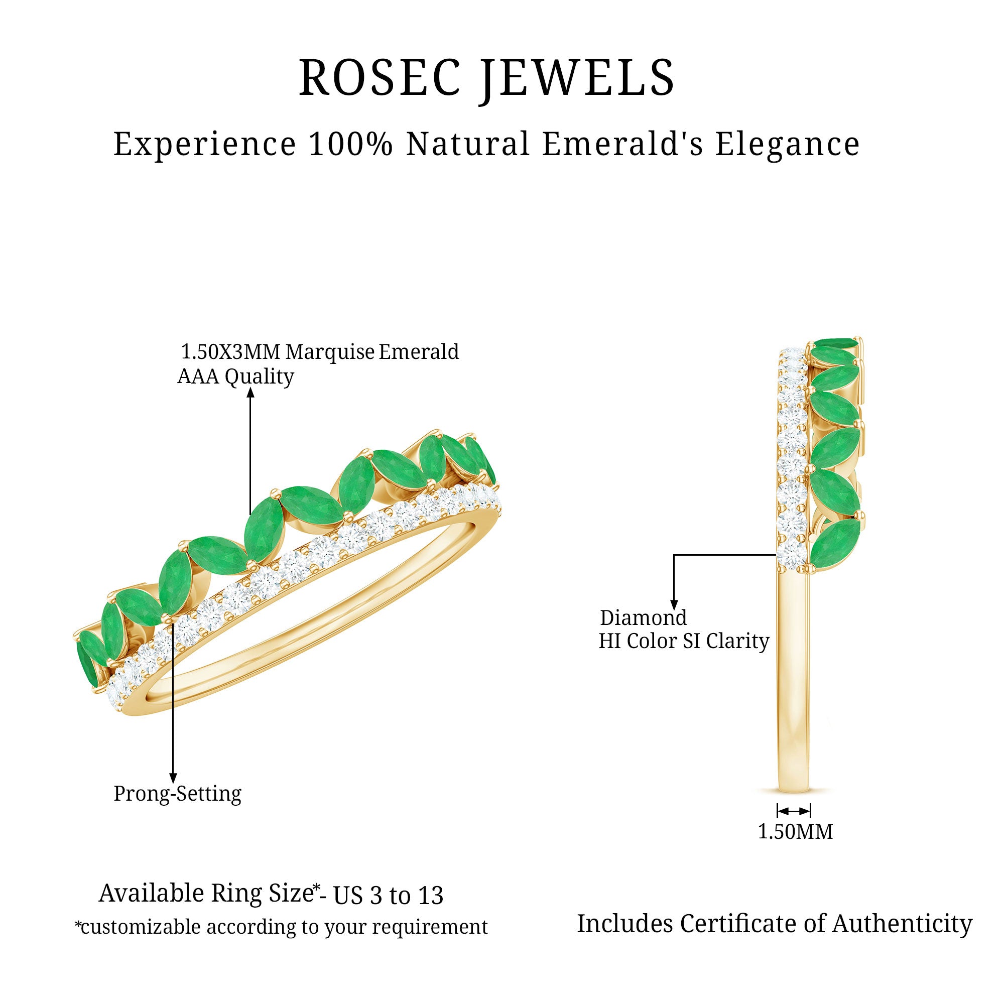 Real Marquise Emerald Half Eternity Wedding Band with Diamond AAA - Rosec Jewels