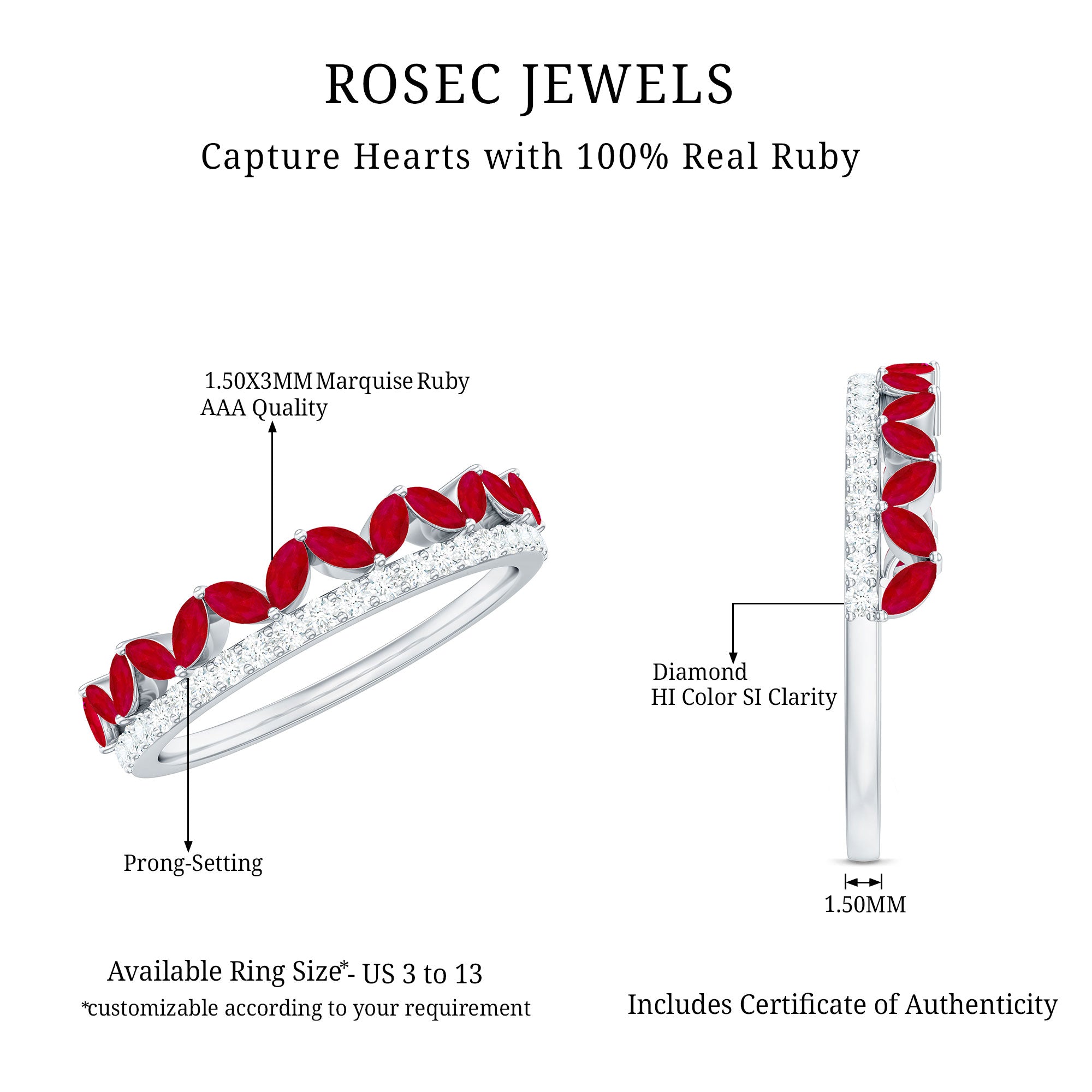 Natural Marquise Ruby Half Eternity Anniversary Ring with Diamond AAA - Rosec Jewels