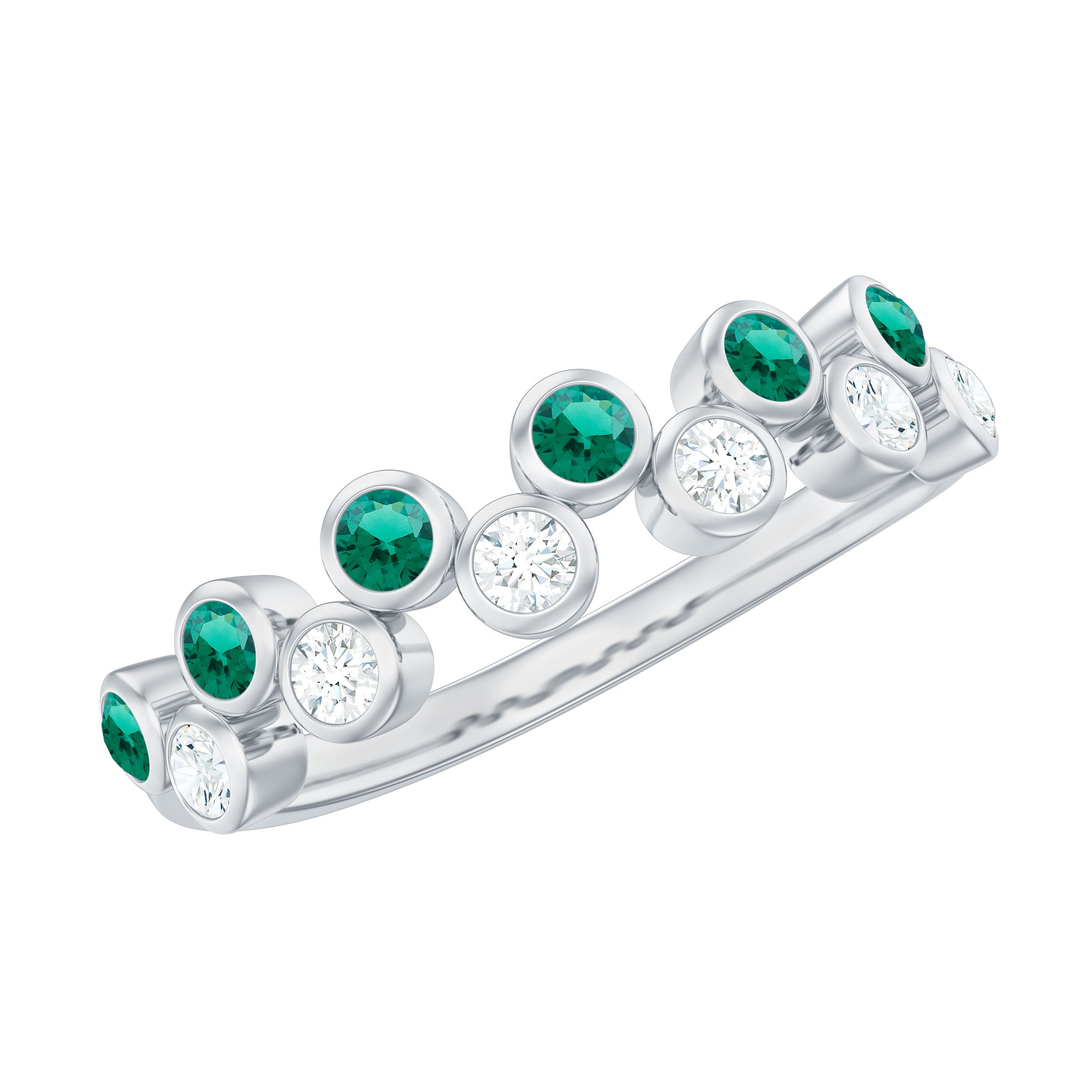 Simple Bezel Set Round Created Emerald and Moissanite Half Eternity Ring