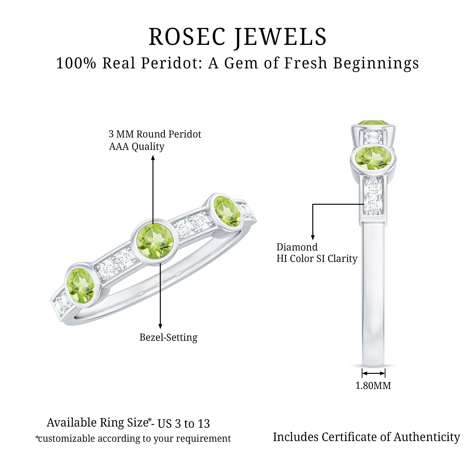 Natural Bezel Set Peridot Half Eternity Ring with Diamond AAA - Rosec Jewels