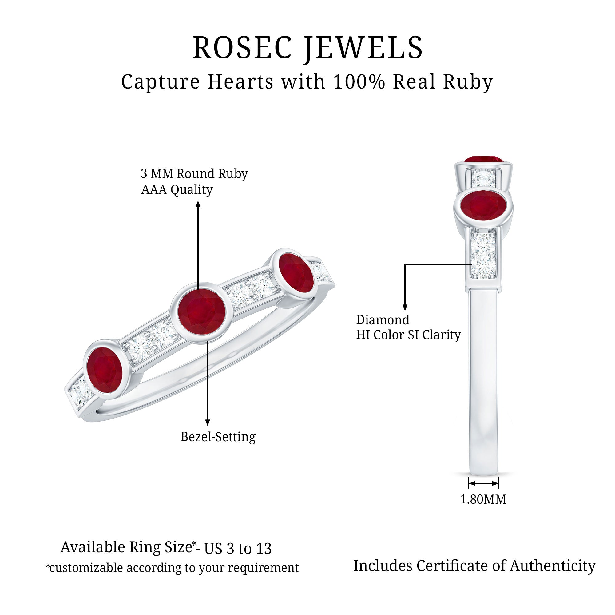 Natural Bezel Set Ruby Half Eternity Ring with Diamond AAA - Rosec Jewels