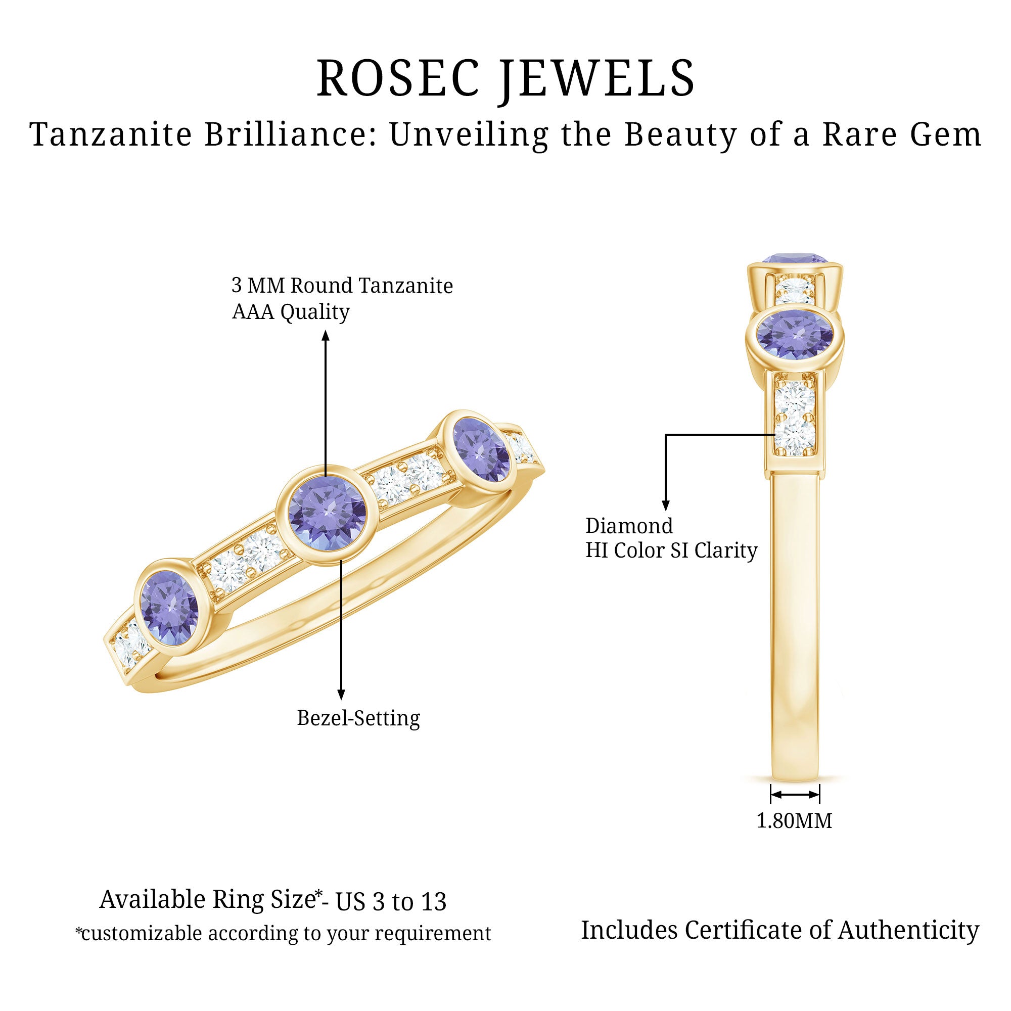 Certified Real Tanzanite Diamond Half Eternity Ring AAA - Rosec Jewels