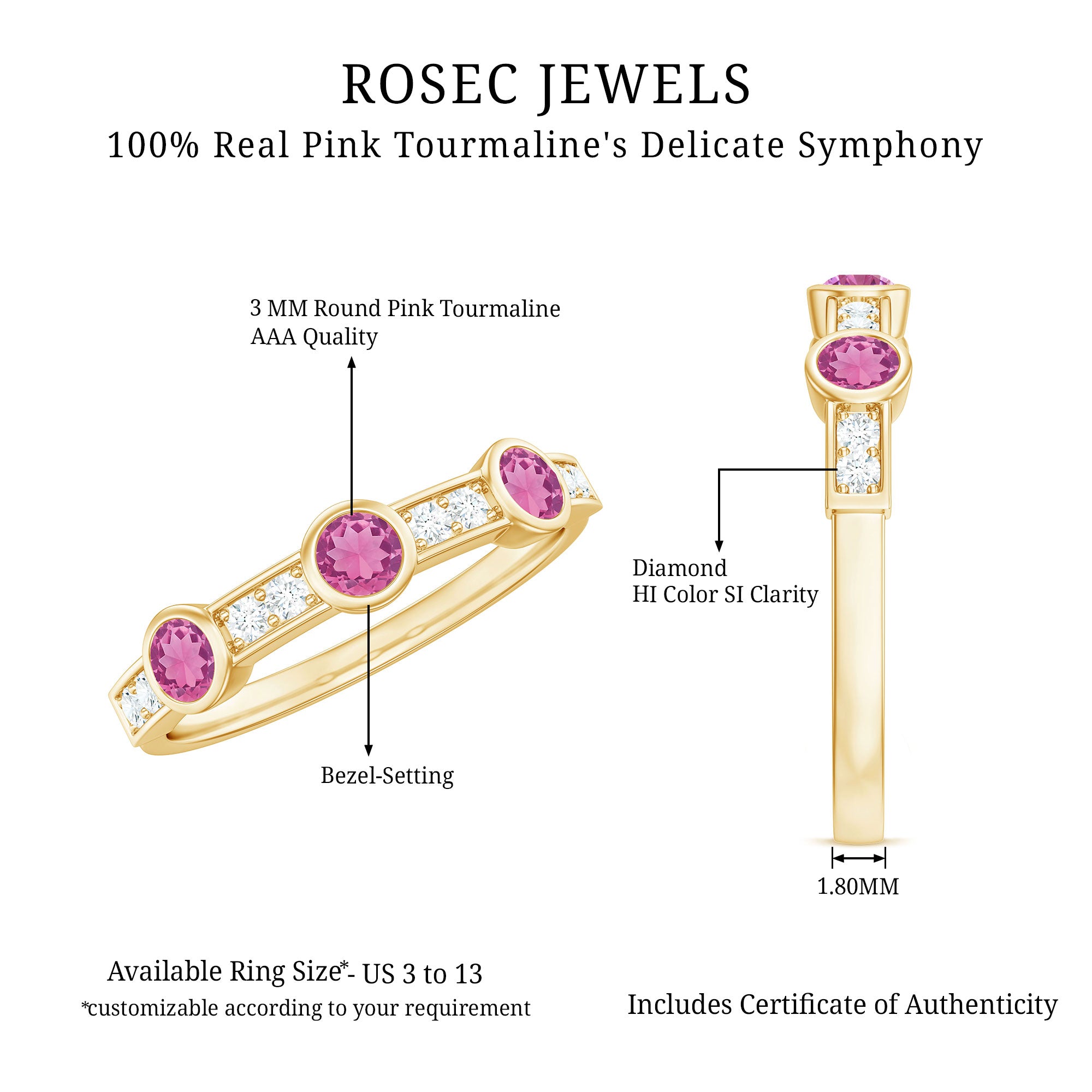 Rosec Jewels-Pink Tourmaline and Diamond Minimal Half Eternity Band Ring