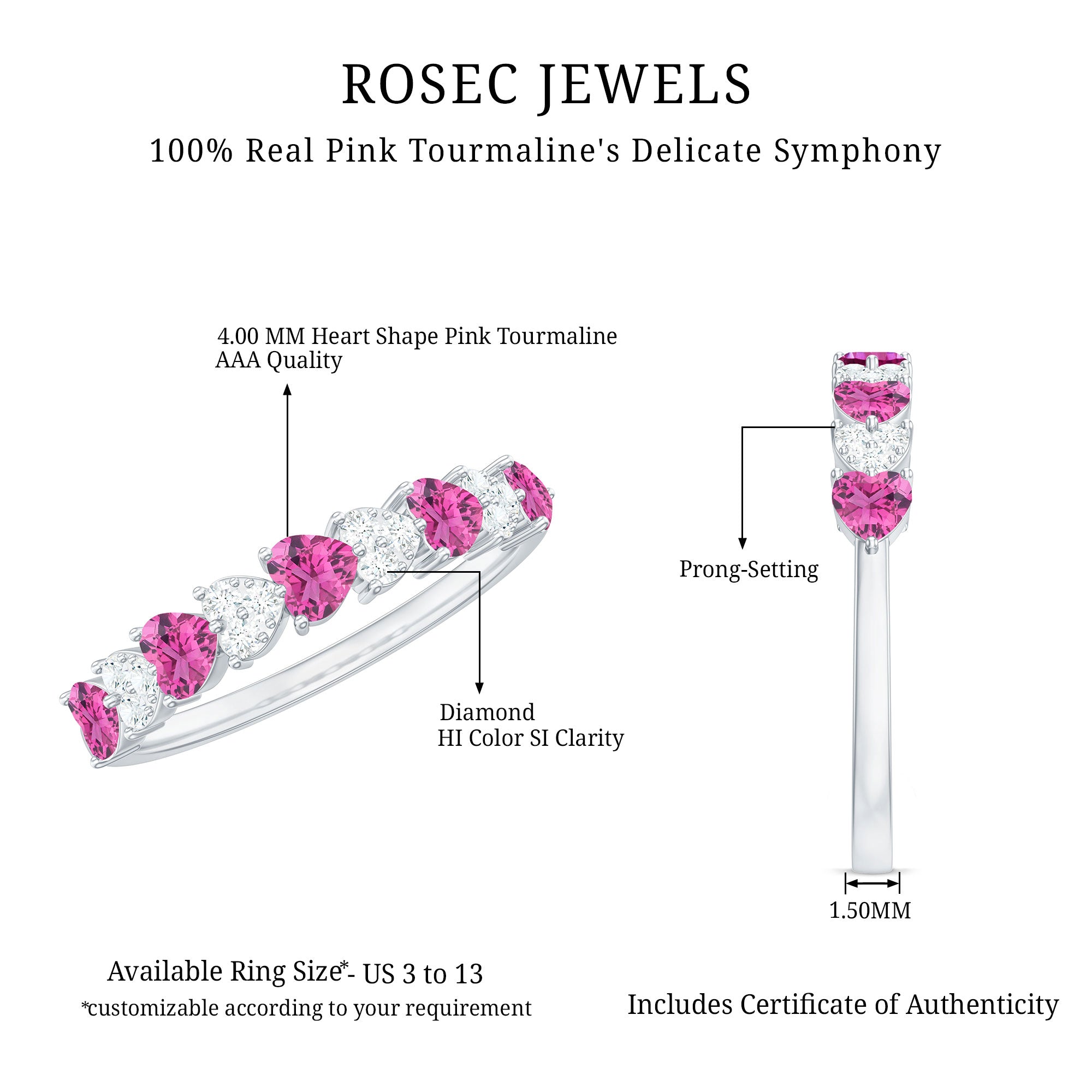 Rosec Jewels-Heart Shape Half Eternity Ring with Pink Tourmaline and Diamond