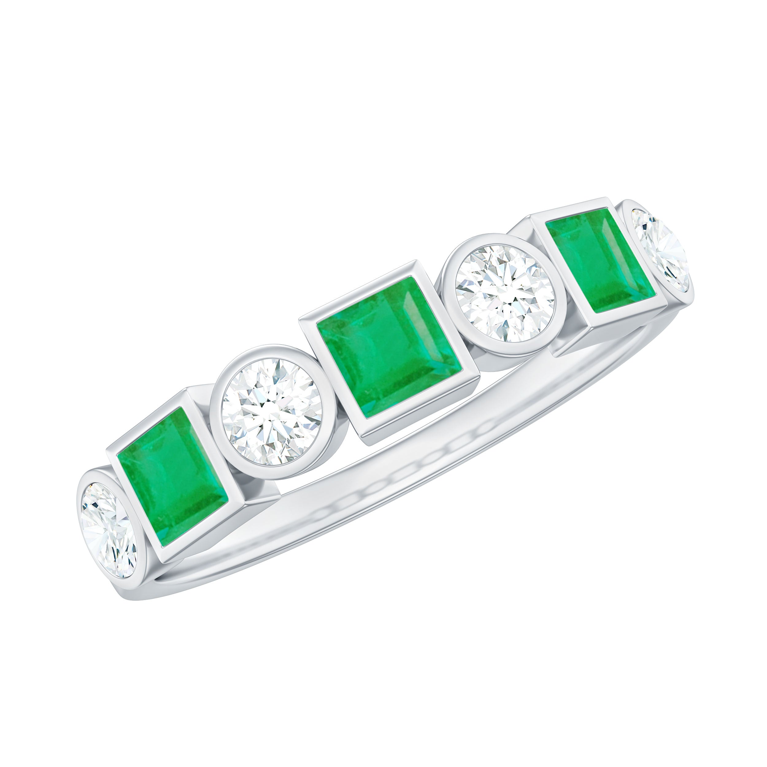 Real Emerald and Diamond Half Eternity Wedding Band in Bezel Set