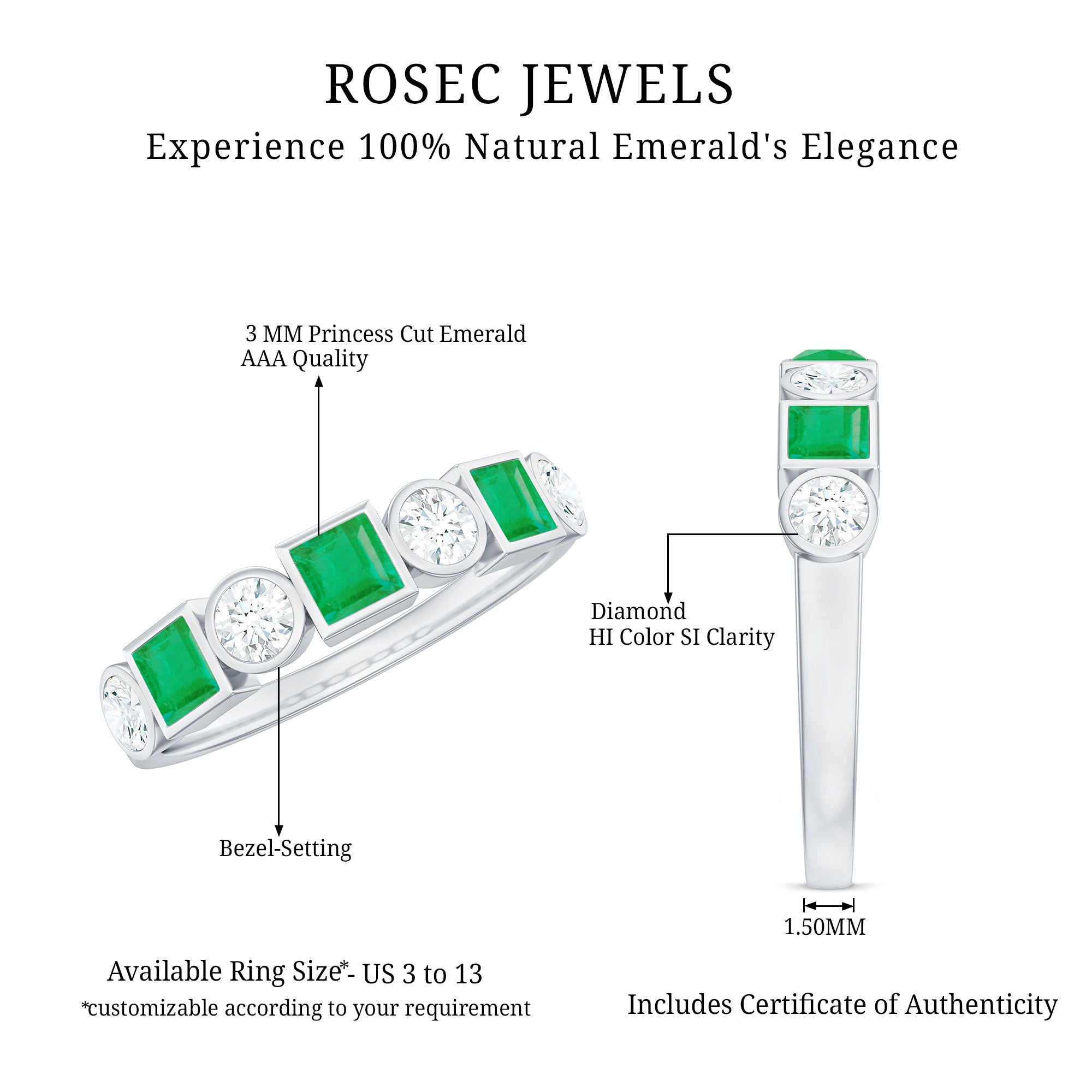 Real Emerald and Diamond Half Eternity Wedding Band in Bezel Set AAA - Rosec Jewels