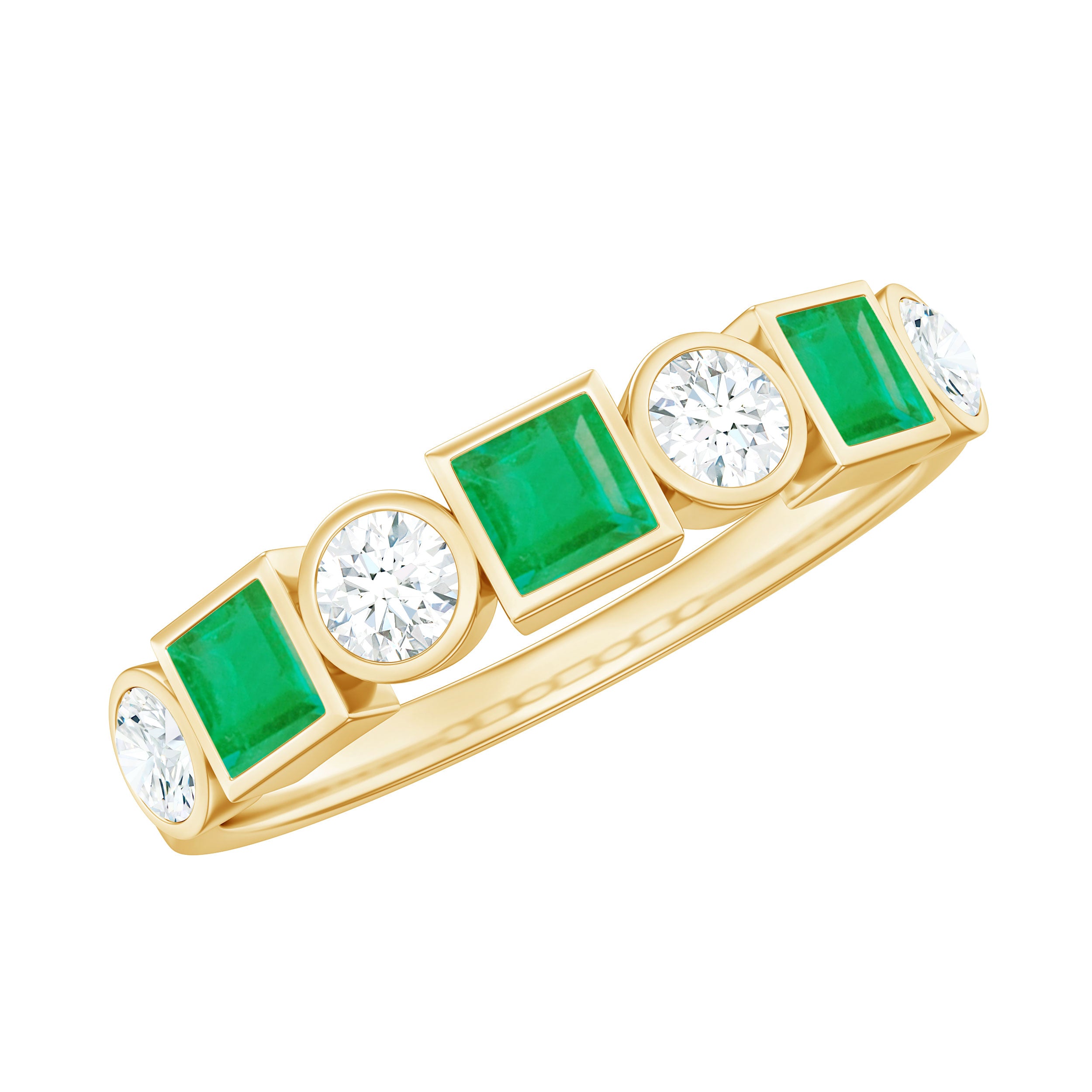 Real Emerald and Diamond Half Eternity Wedding Band in Bezel Set AAA - Rosec Jewels