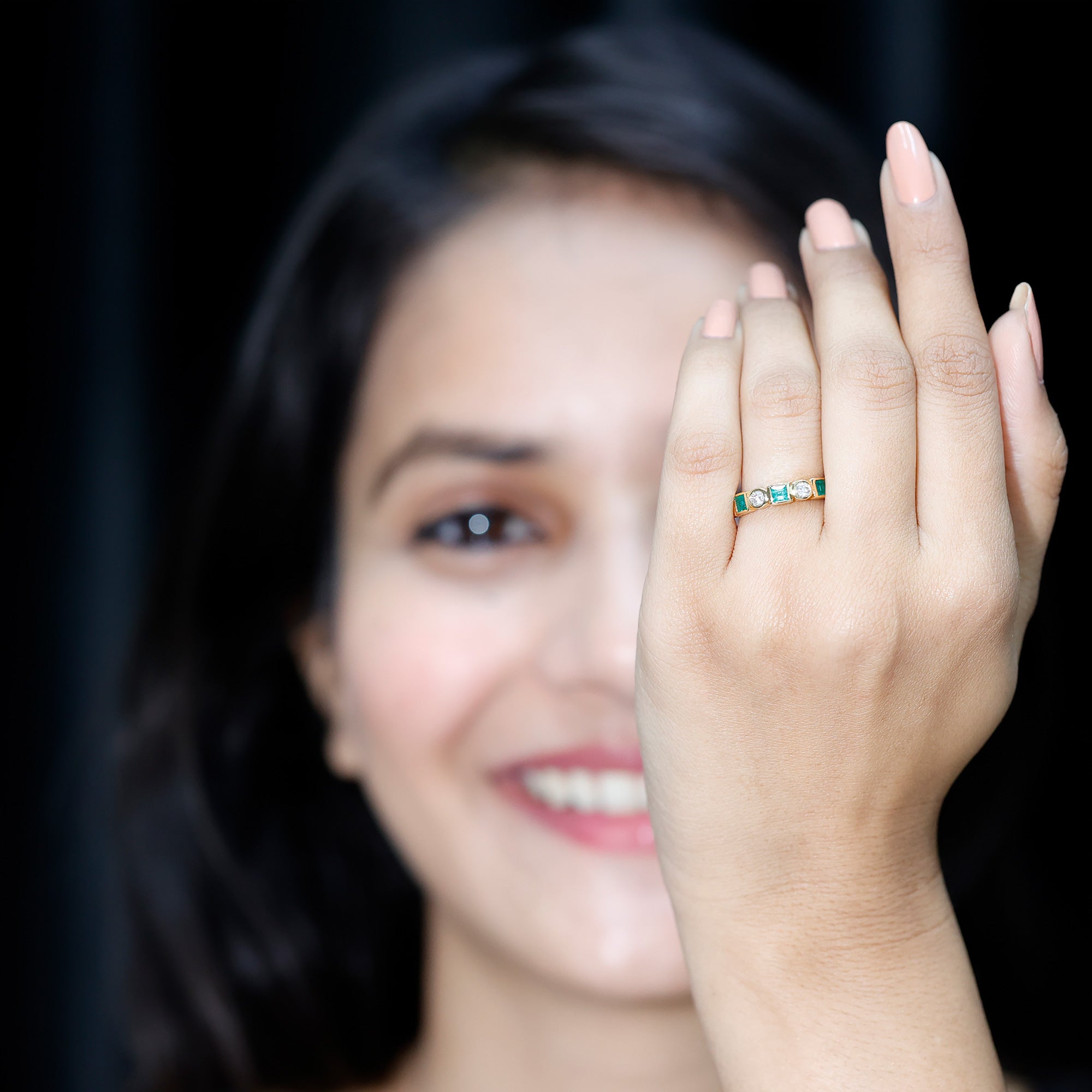 Real Emerald and Diamond Half Eternity Wedding Band in Bezel Set AAA - Rosec Jewels