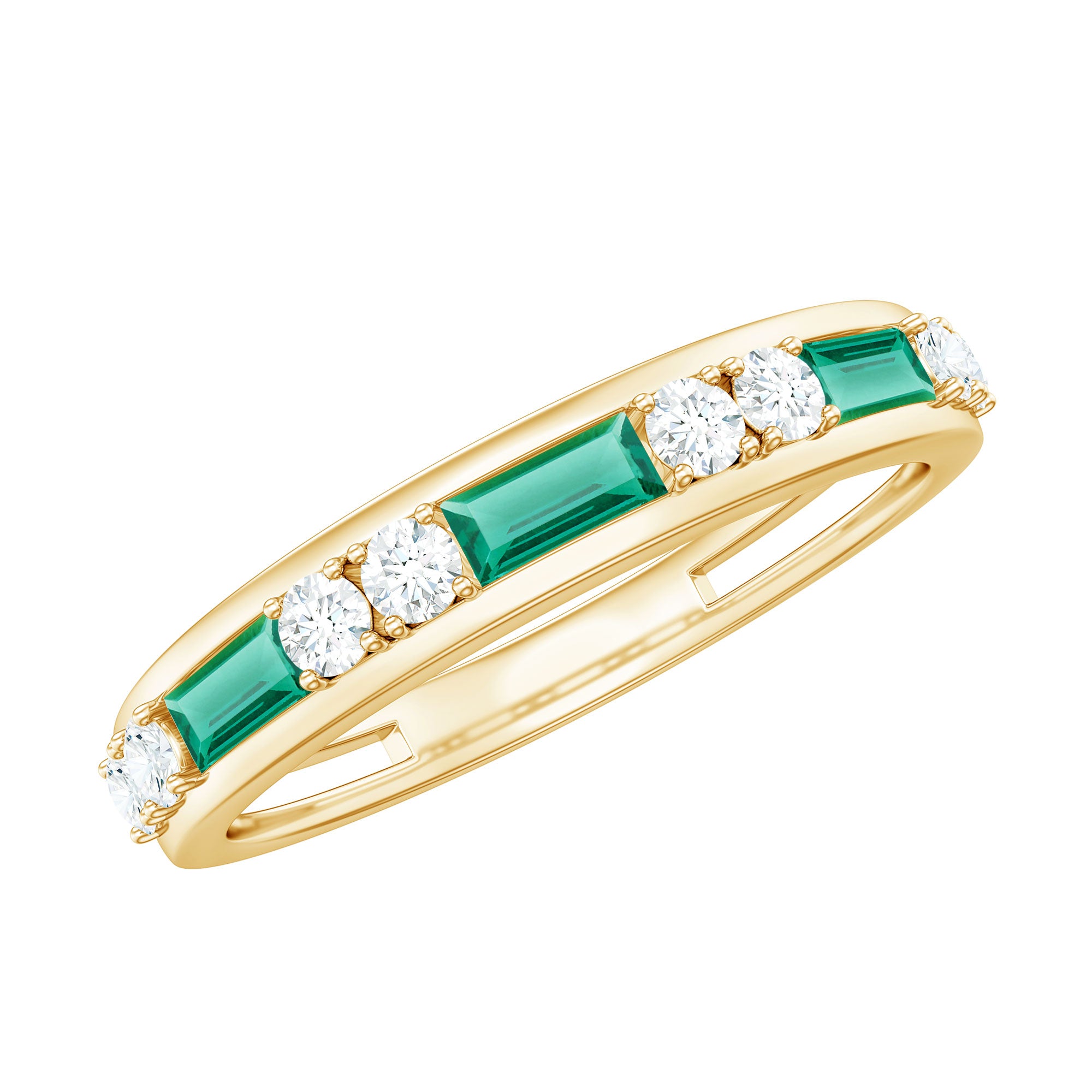 Minimal Baguette Lab Grown Emerald Half Eternity Ring with Diamond AAAA - Rosec Jewels