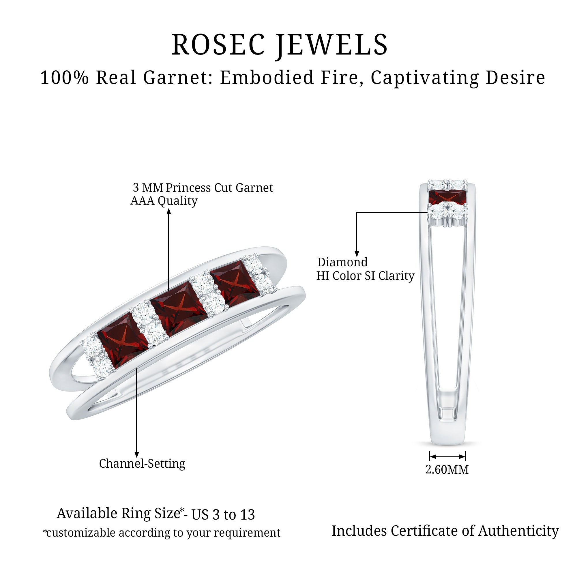 Natural Princess Cut Garnet Diamond Wedding Band AAA - Rosec Jewels