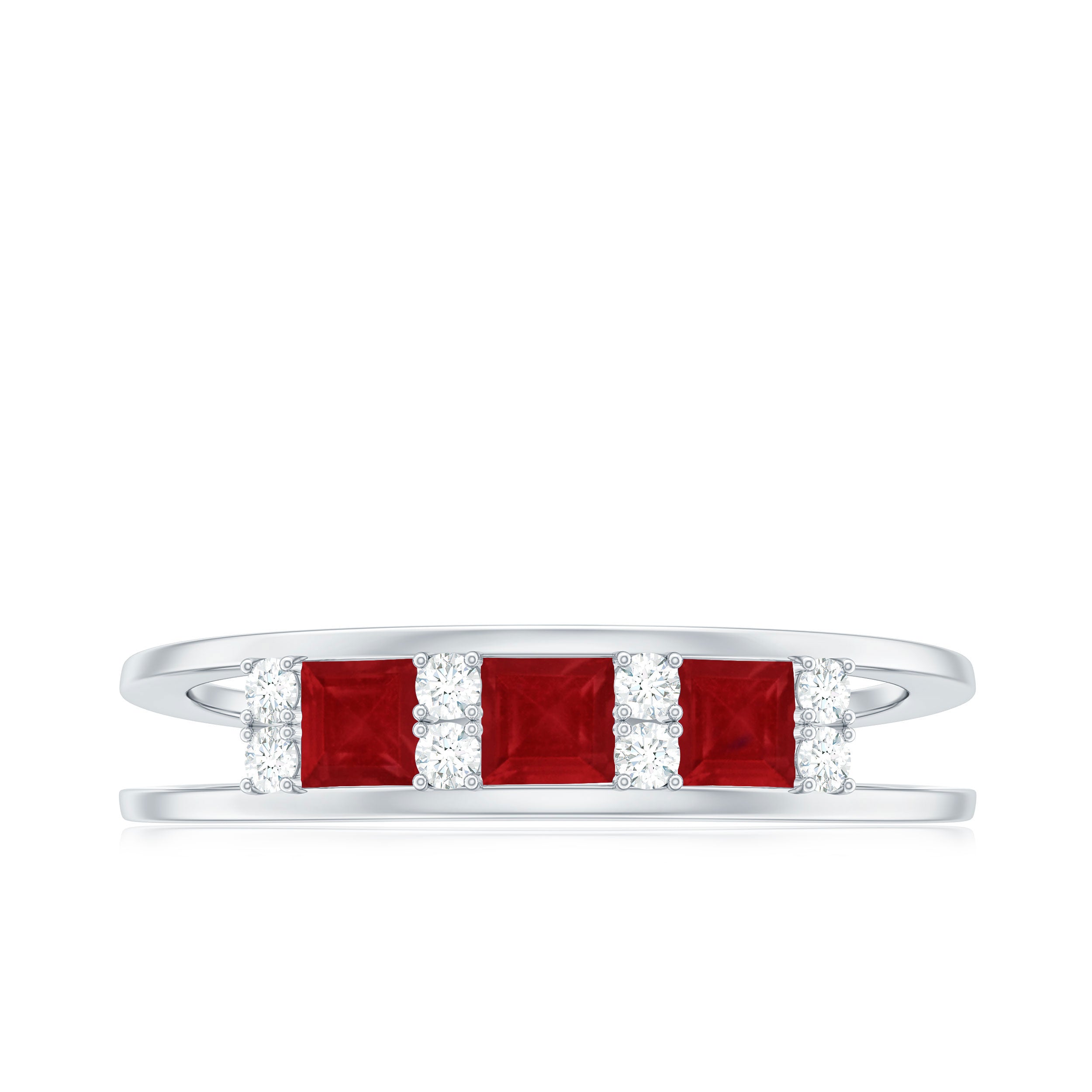 Natural Princess cut Ruby Double Band Ring with Diamond AAA - Rosec Jewels