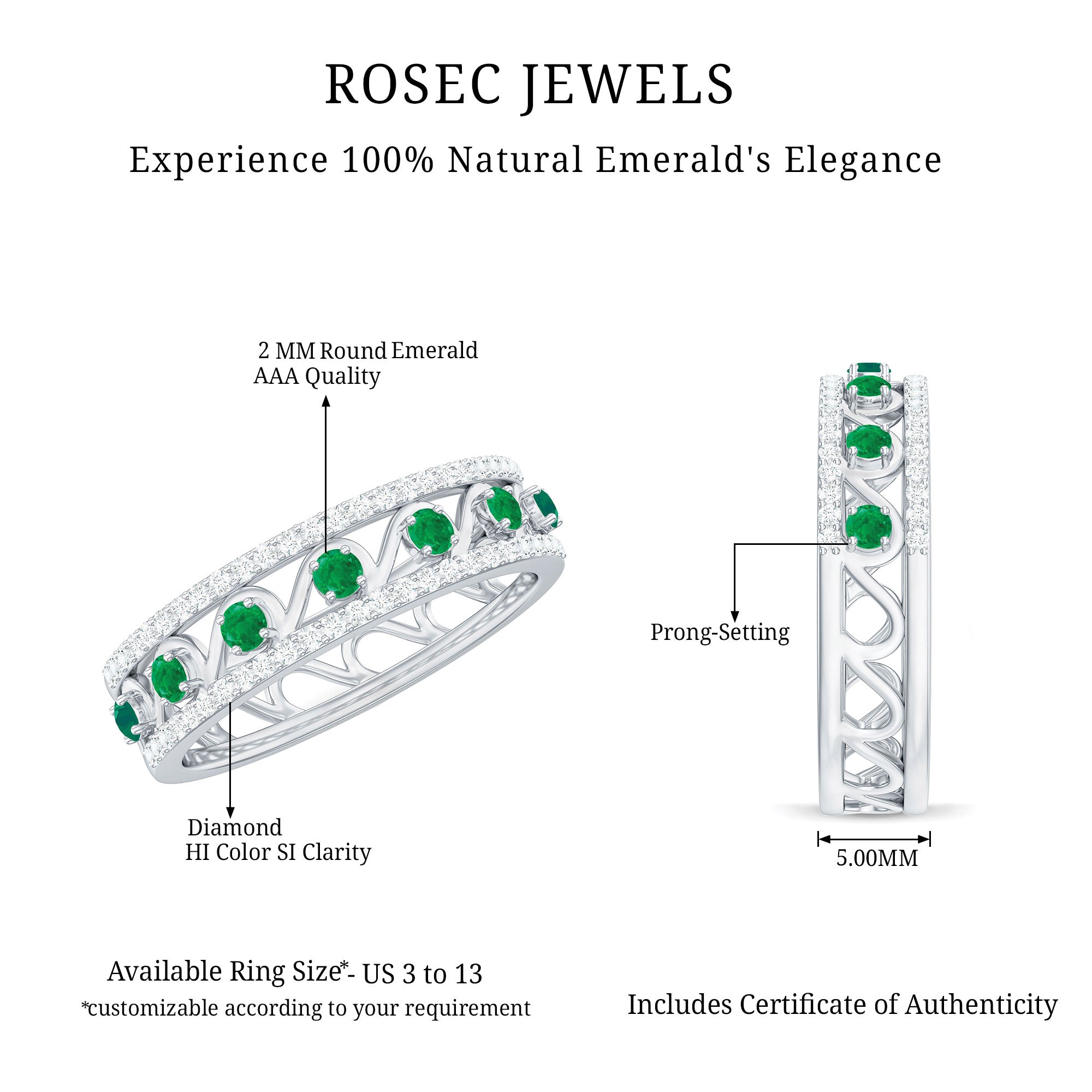 Designer Emerald Diamond Wedding Band Ring with Certificate AAA - Rosec Jewels
