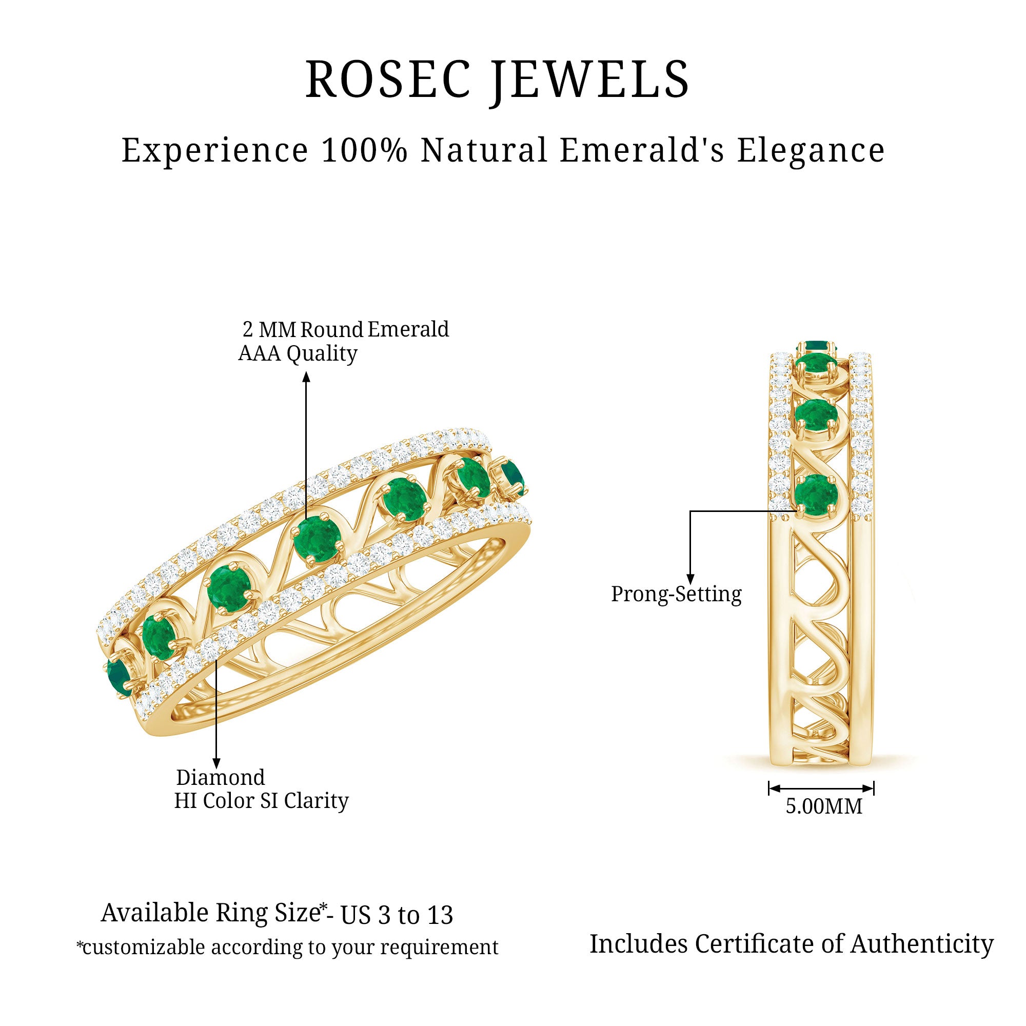 Designer Emerald Diamond Wedding Band Ring with Certificate AAA - Rosec Jewels