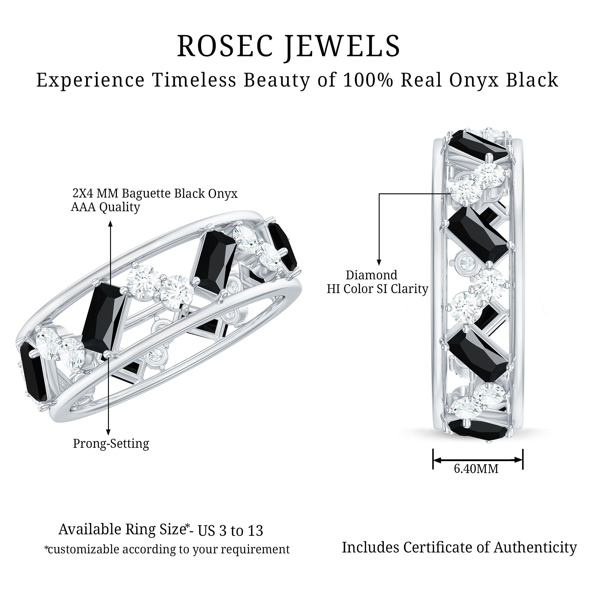 Black Onyx and Diamond Zig Zag Wide Wedding Band AAA - Rosec Jewels