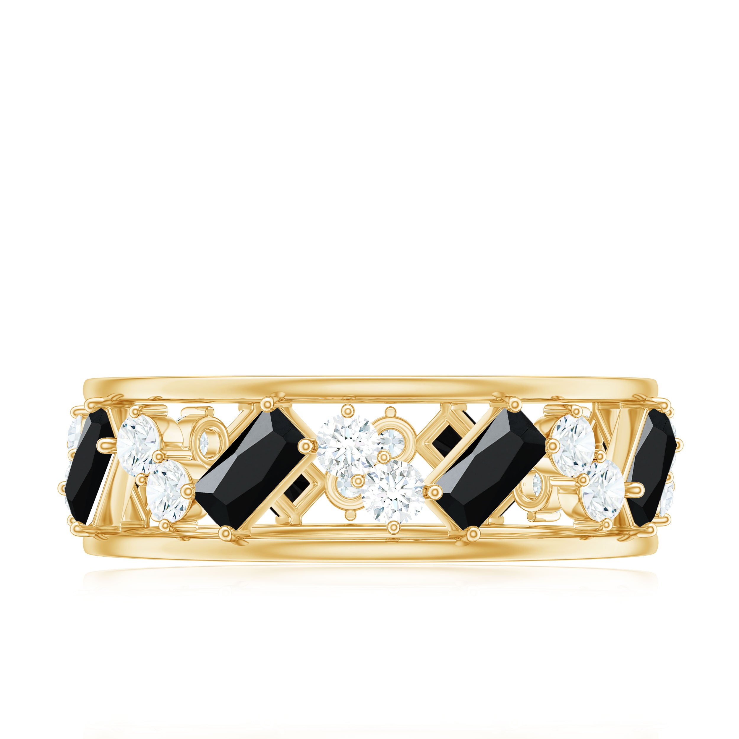 Black Onyx and Diamond Zig Zag Wide Wedding Band AAA - Rosec Jewels