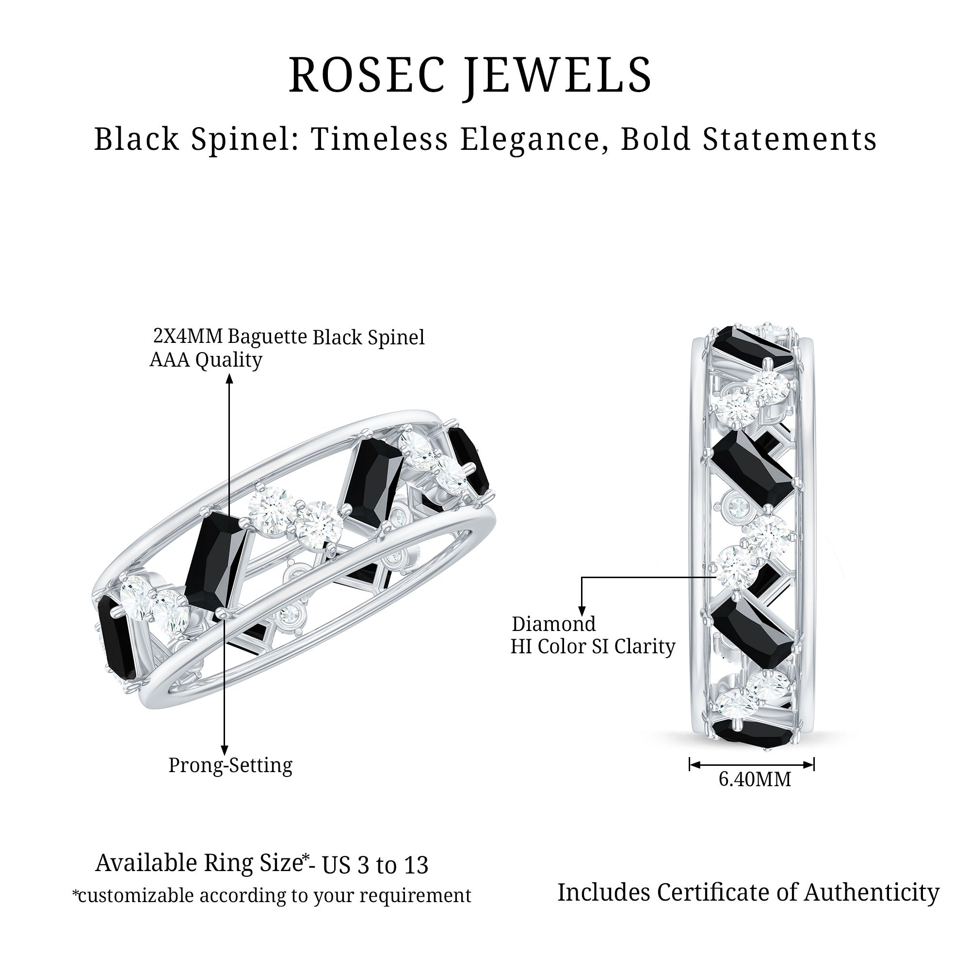 Natural Black Spinel Diamond Eternity Band Ring for Anniversary AAA - Rosec Jewels