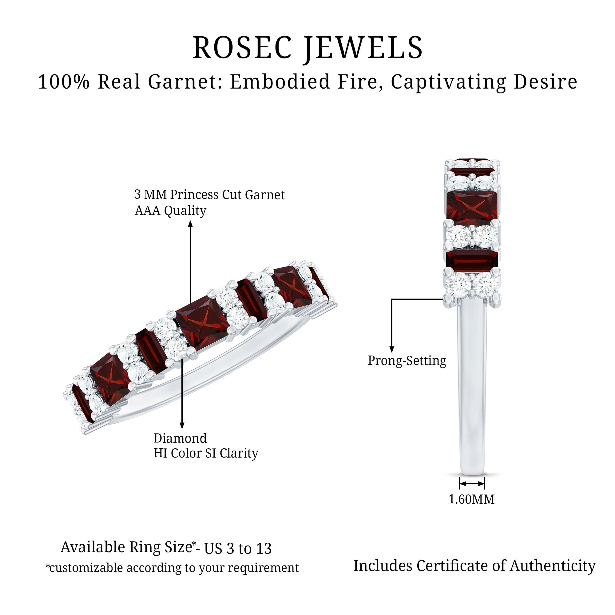 Rosec Jewels-Natural Red Garnet Half Eternity Ring with Diamond