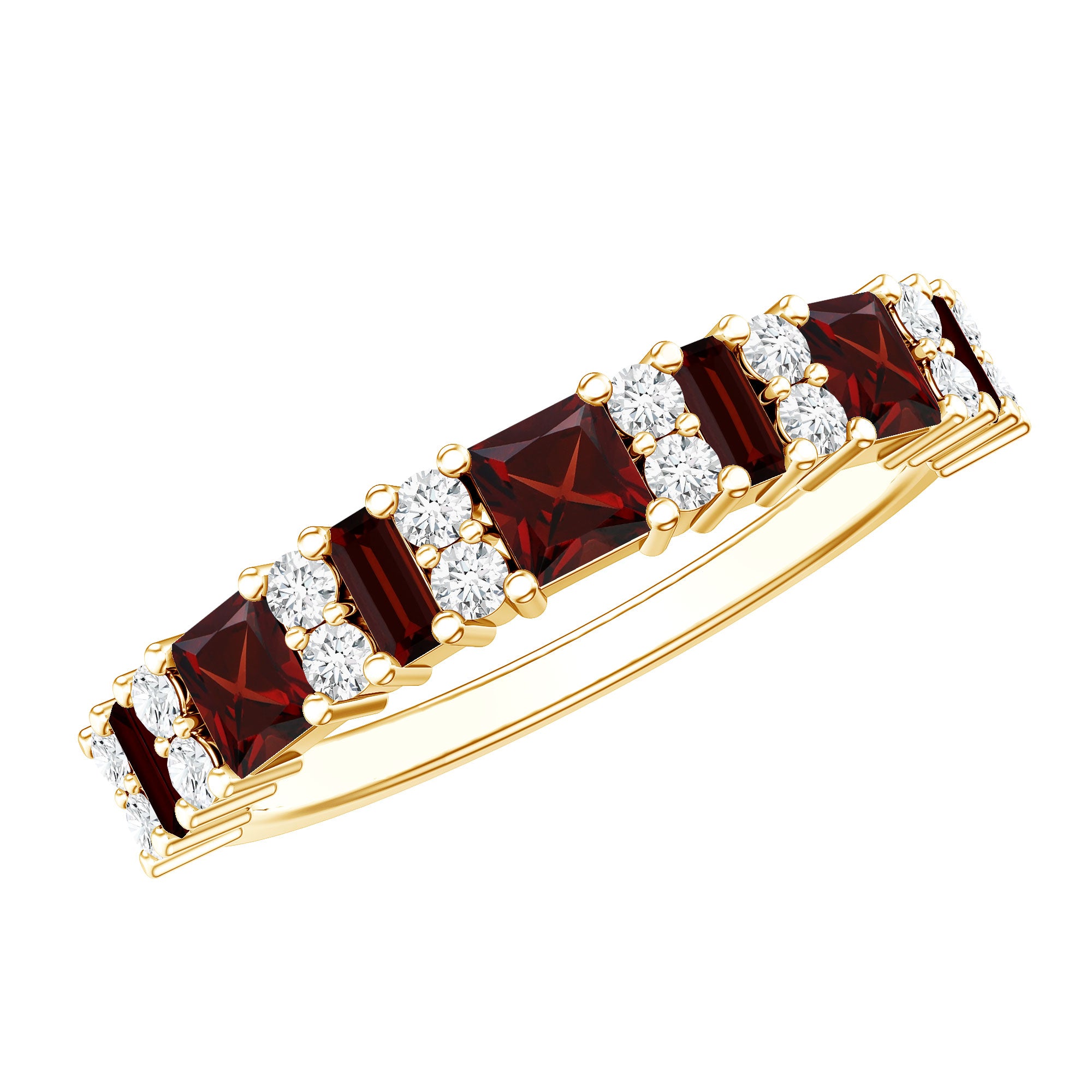 Natural Red Garnet Half Eternity Ring with Diamond AAA - Rosec Jewels