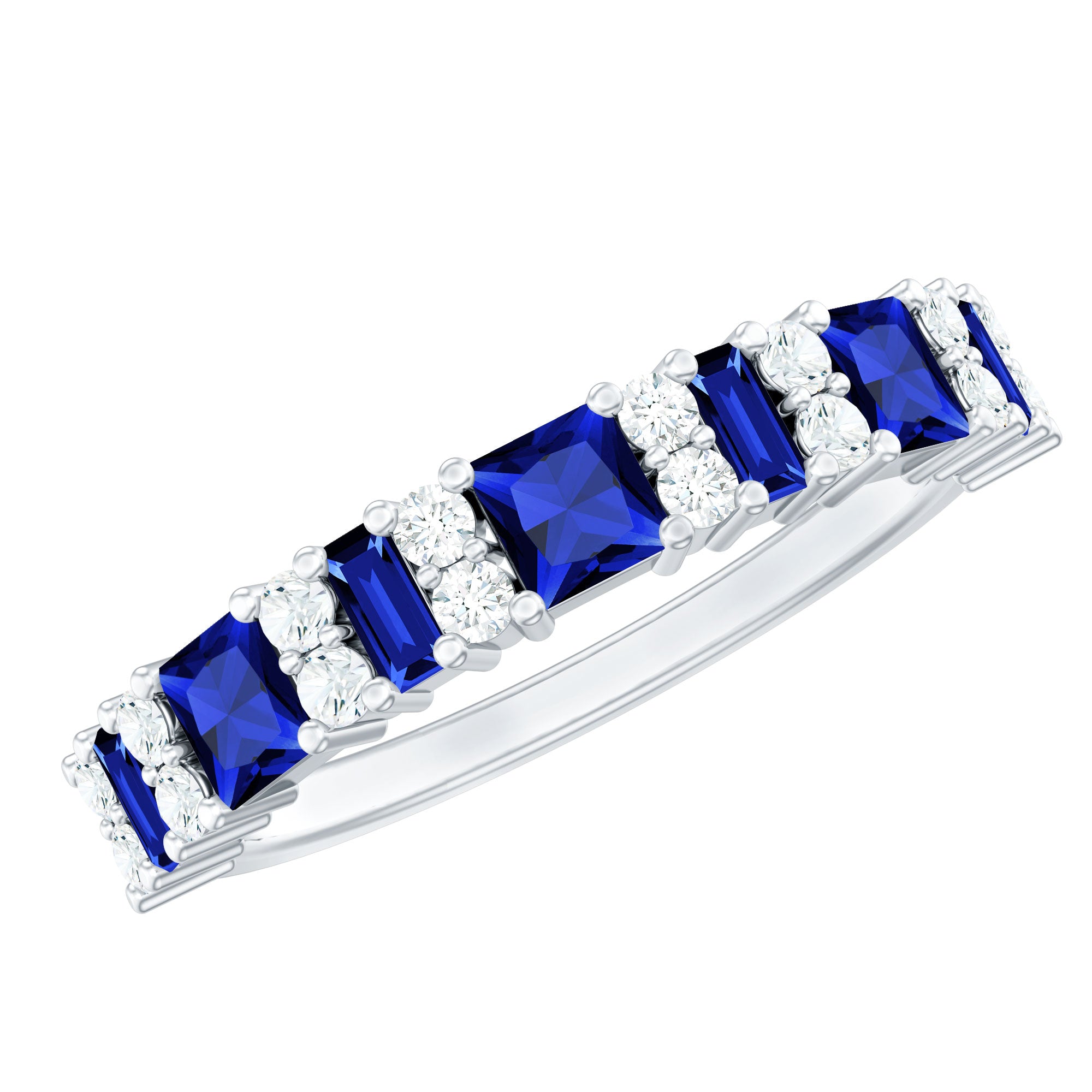 Certified Lab Grown Blue Sapphire Half Eternity Wedding Band with Diamond