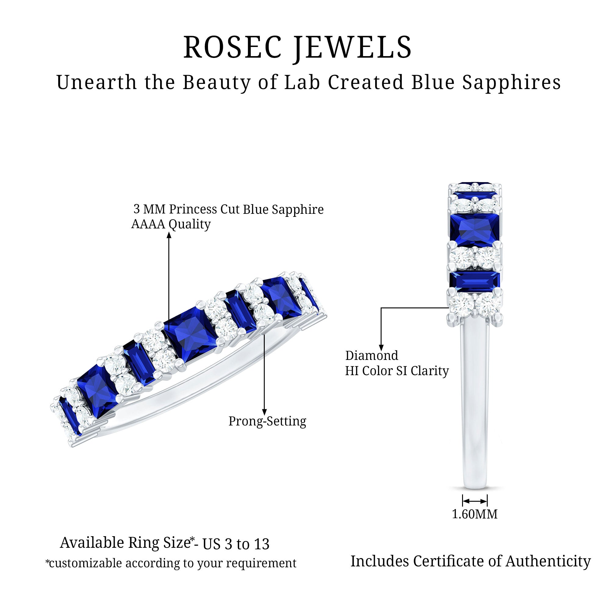 Certified Lab Grown Blue Sapphire Half Eternity Wedding Band with Diamond AAAA - Rosec Jewels