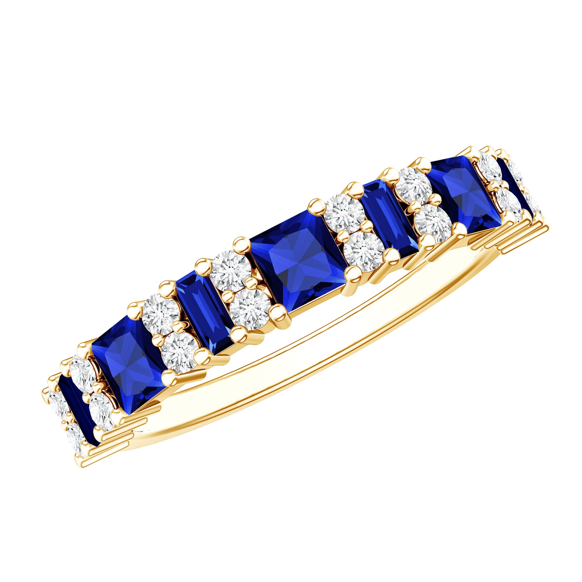 Certified Lab Grown Blue Sapphire Half Eternity Wedding Band with Diamond AAAA - Rosec Jewels