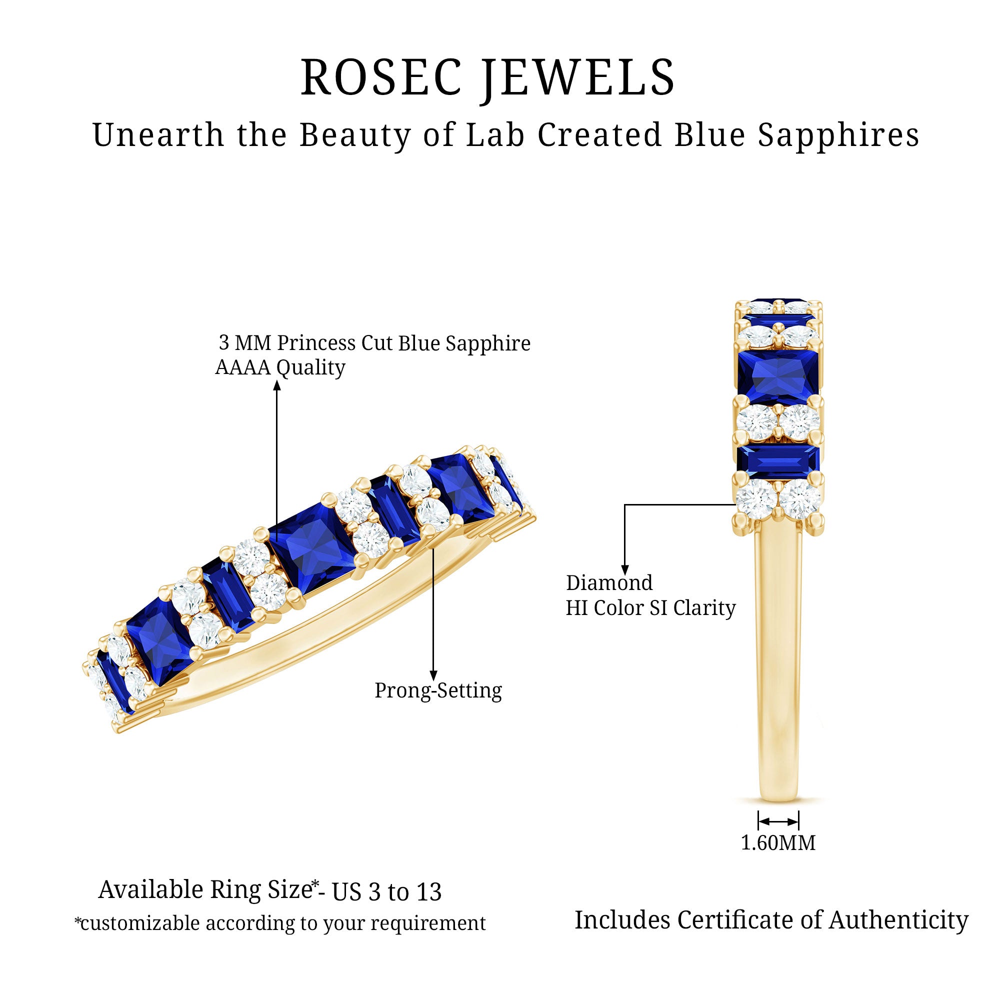 Certified Lab Grown Blue Sapphire Half Eternity Wedding Band with Diamond AAAA - Rosec Jewels