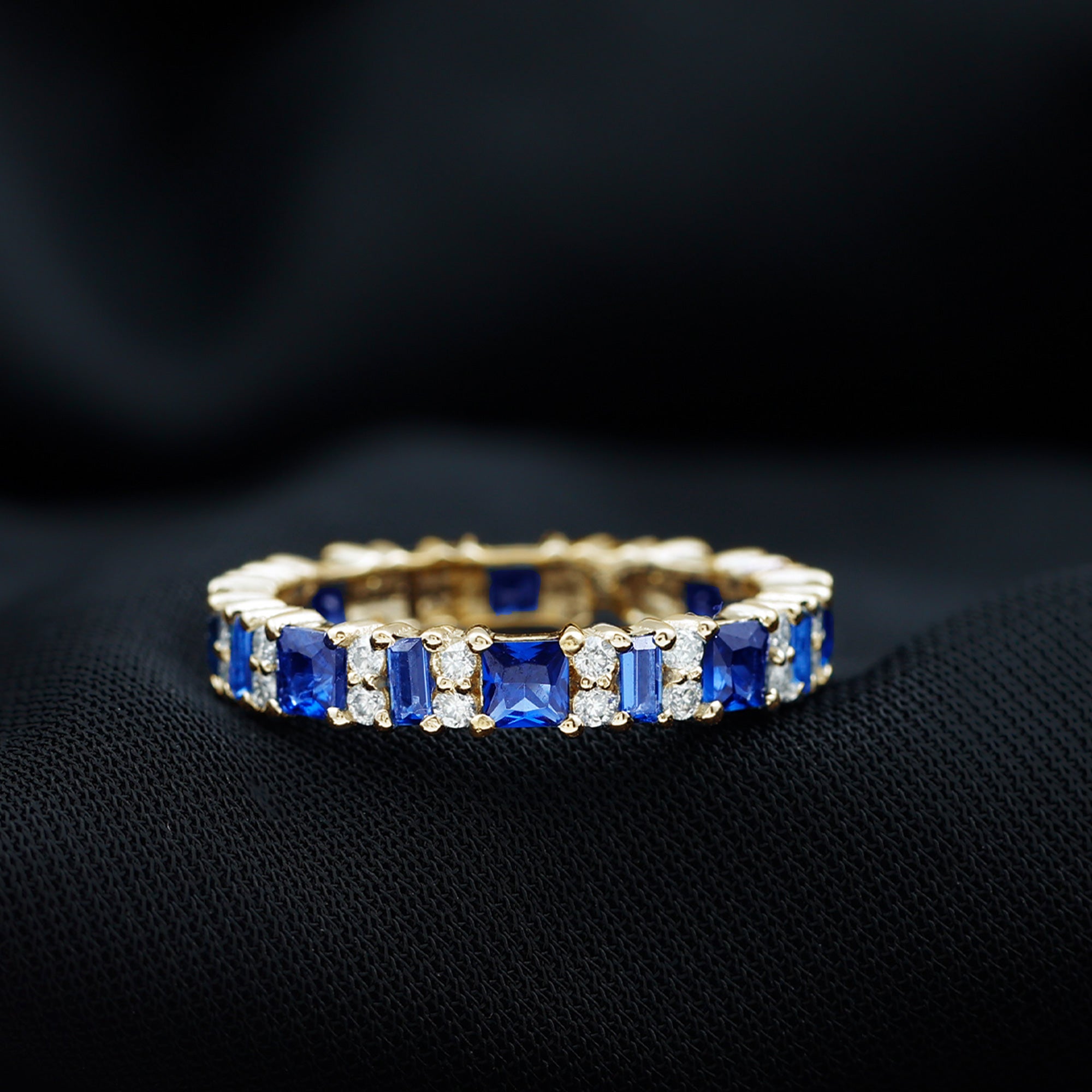 Certified Lab Grown Blue Sapphire Half Eternity Wedding Band with Diamond AAAA - Rosec Jewels