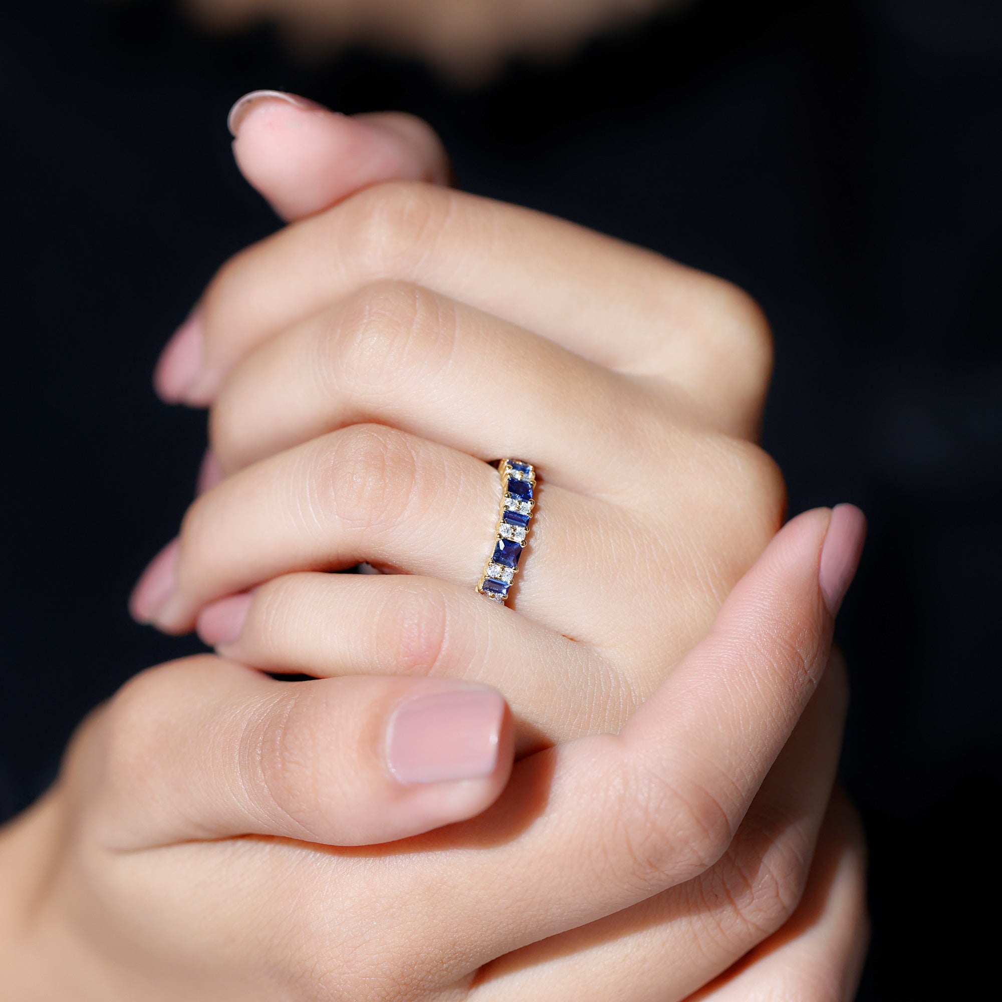 Certified Lab Grown Blue Sapphire Half Eternity Wedding Band with Diamond AAAA - Rosec Jewels