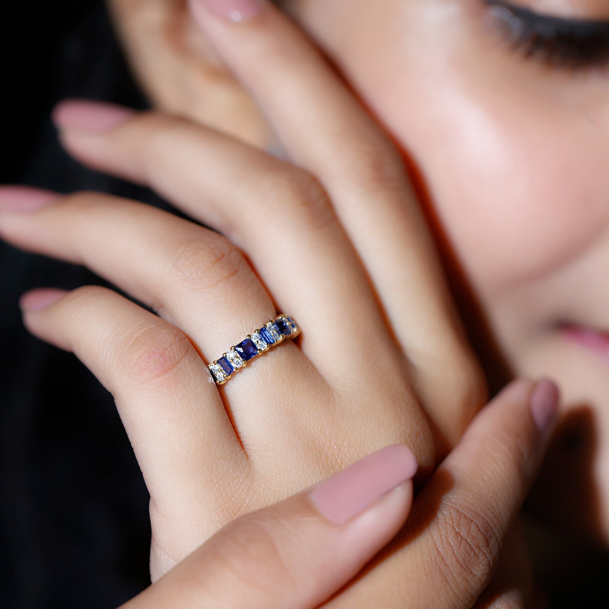 Certified Lab Grown Blue Sapphire Half Eternity Wedding Band with Diamond AAAA - Rosec Jewels