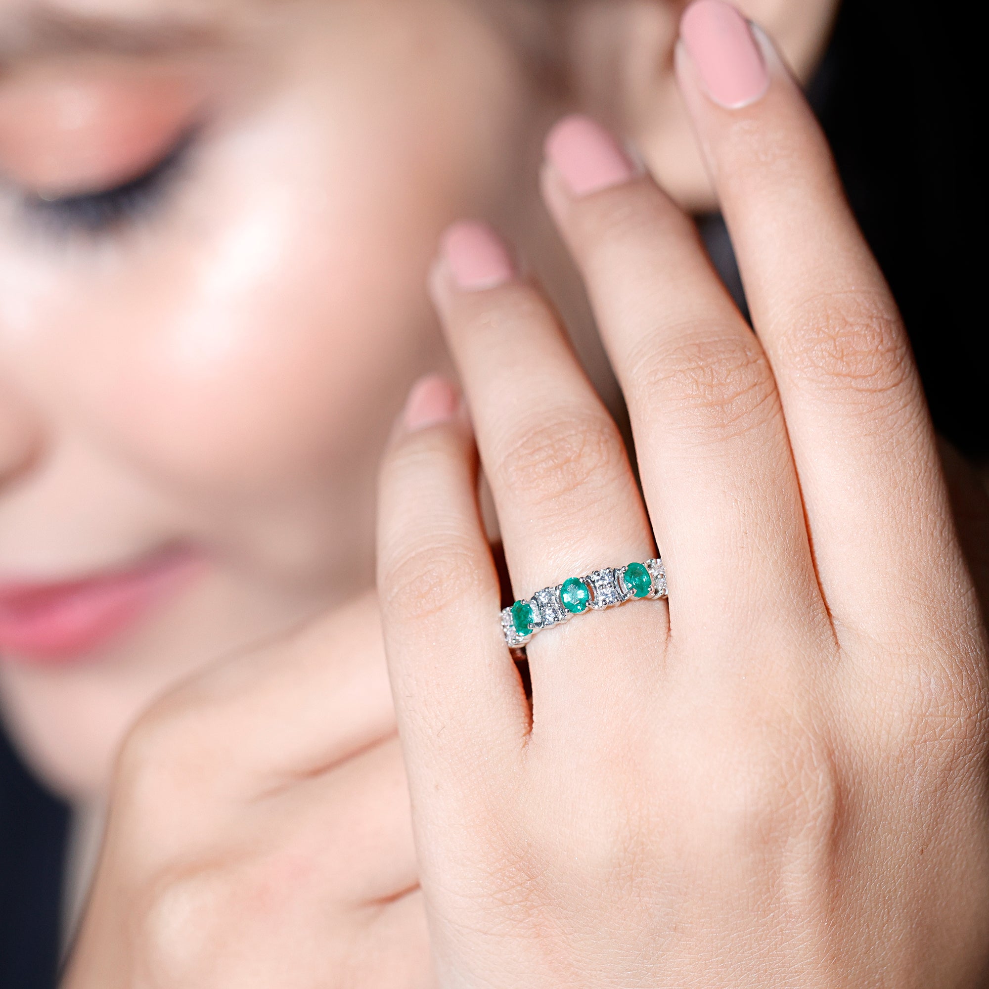 Oval Emerald and Moissanite Eternity Wedding Band AAA - Rosec Jewels