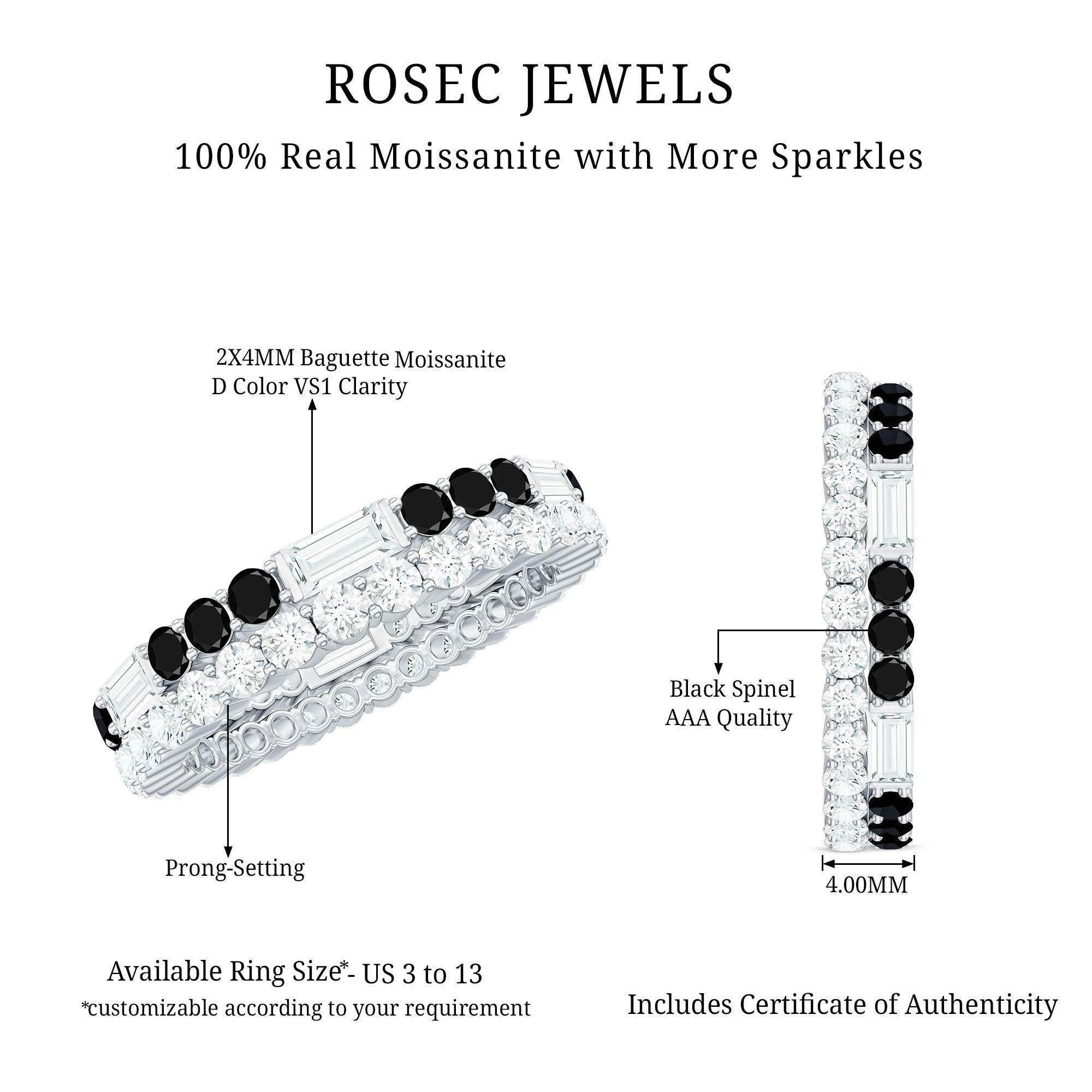 Certified Real 2 Row Black Spinel Eternity Ring with Moissanite AAA - Rosec Jewels