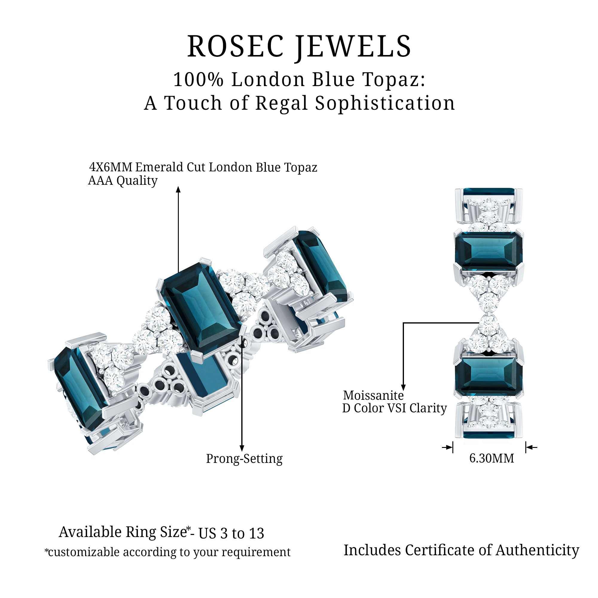 4X6mm Emerald Cut London Blue Topaz Designer Eternity Ring with Moissanite AAA - Rosec Jewels
