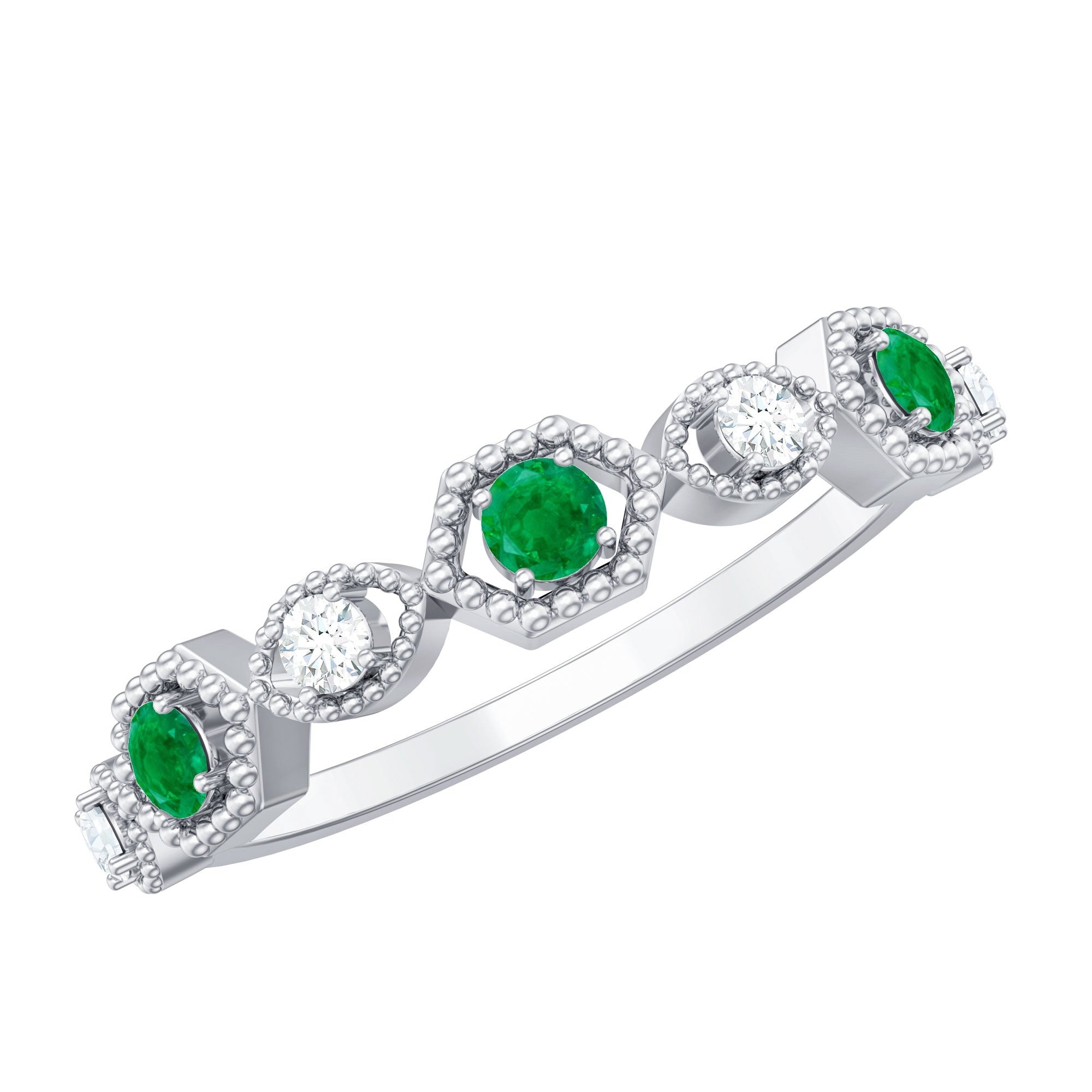 Certified Natural Emerald Art Deco Half Eternity Ring with Diamond AAA - Rosec Jewels