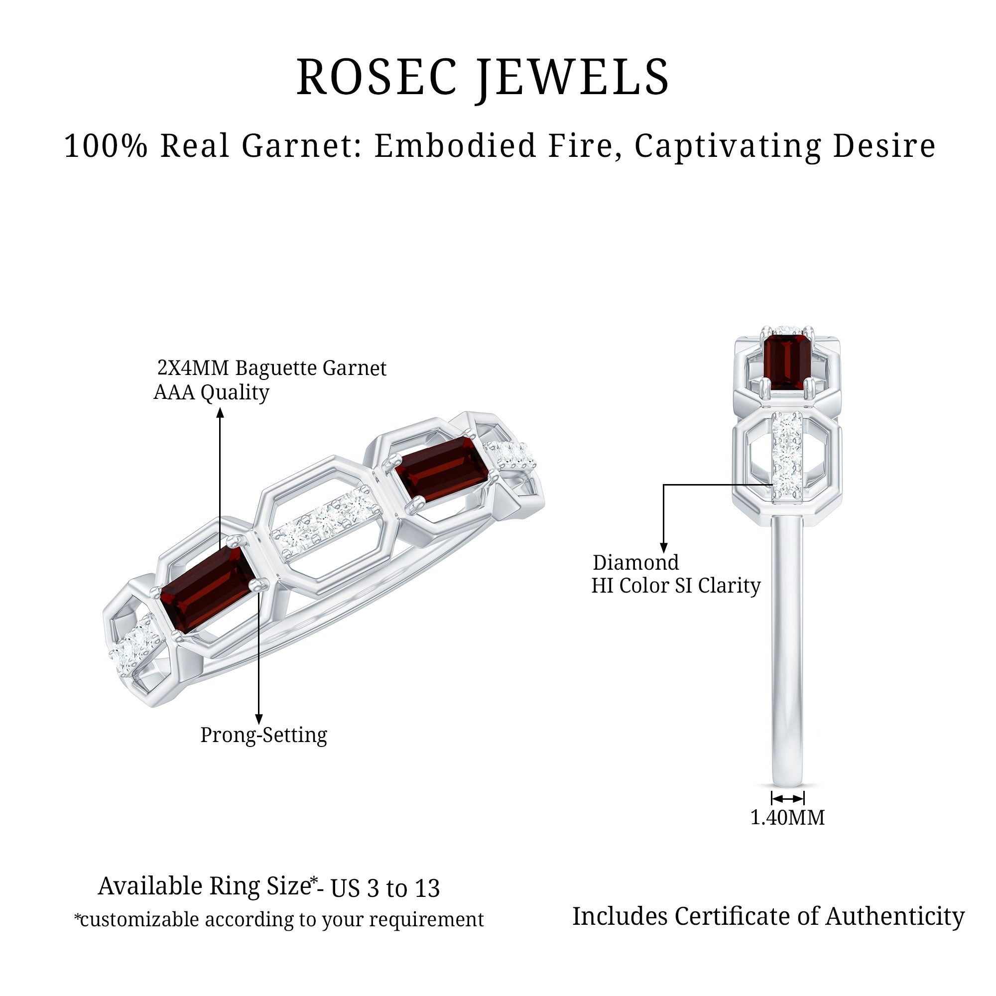 Rosec Jewels-Genuine Baguette Garnet Diamond Wedding Band Ring