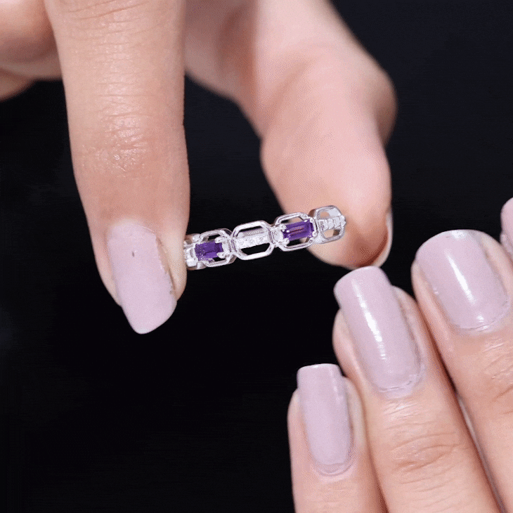 Rosec Jewels-Natural Baguette Amethyst Half Eternity Wedding Band with Diamond