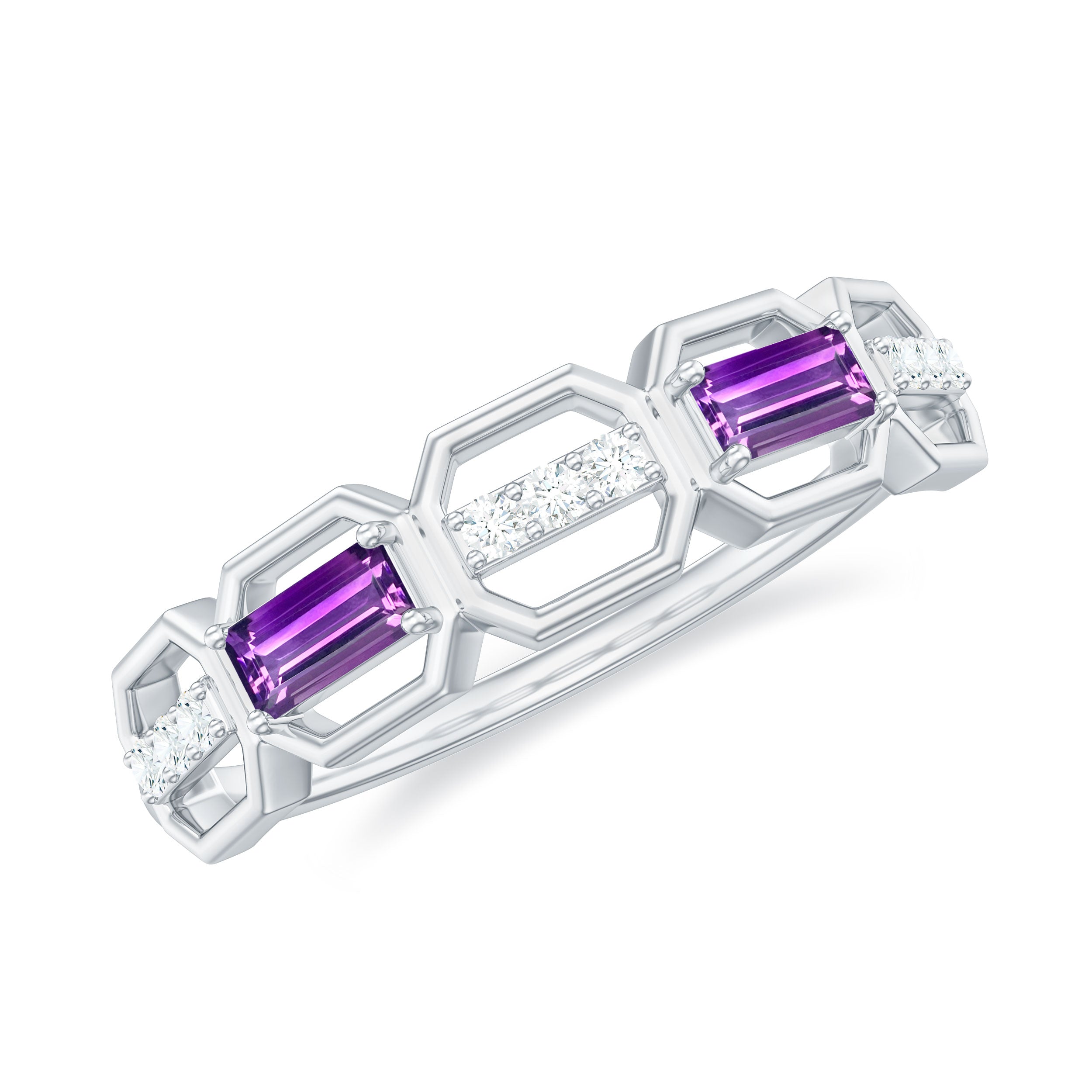 Rosec Jewels-Natural Baguette Amethyst Half Eternity Wedding Band with Diamond